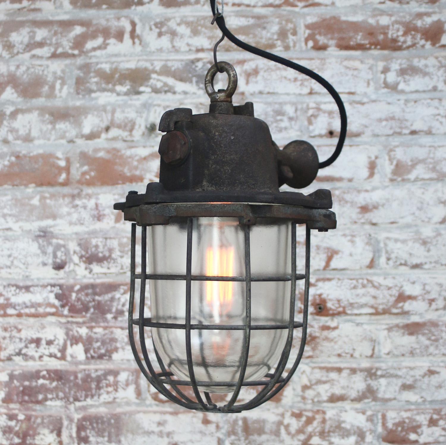 Cast Rust Iron Vintage Industrial Clear Glass Pendant Lamps  For Sale