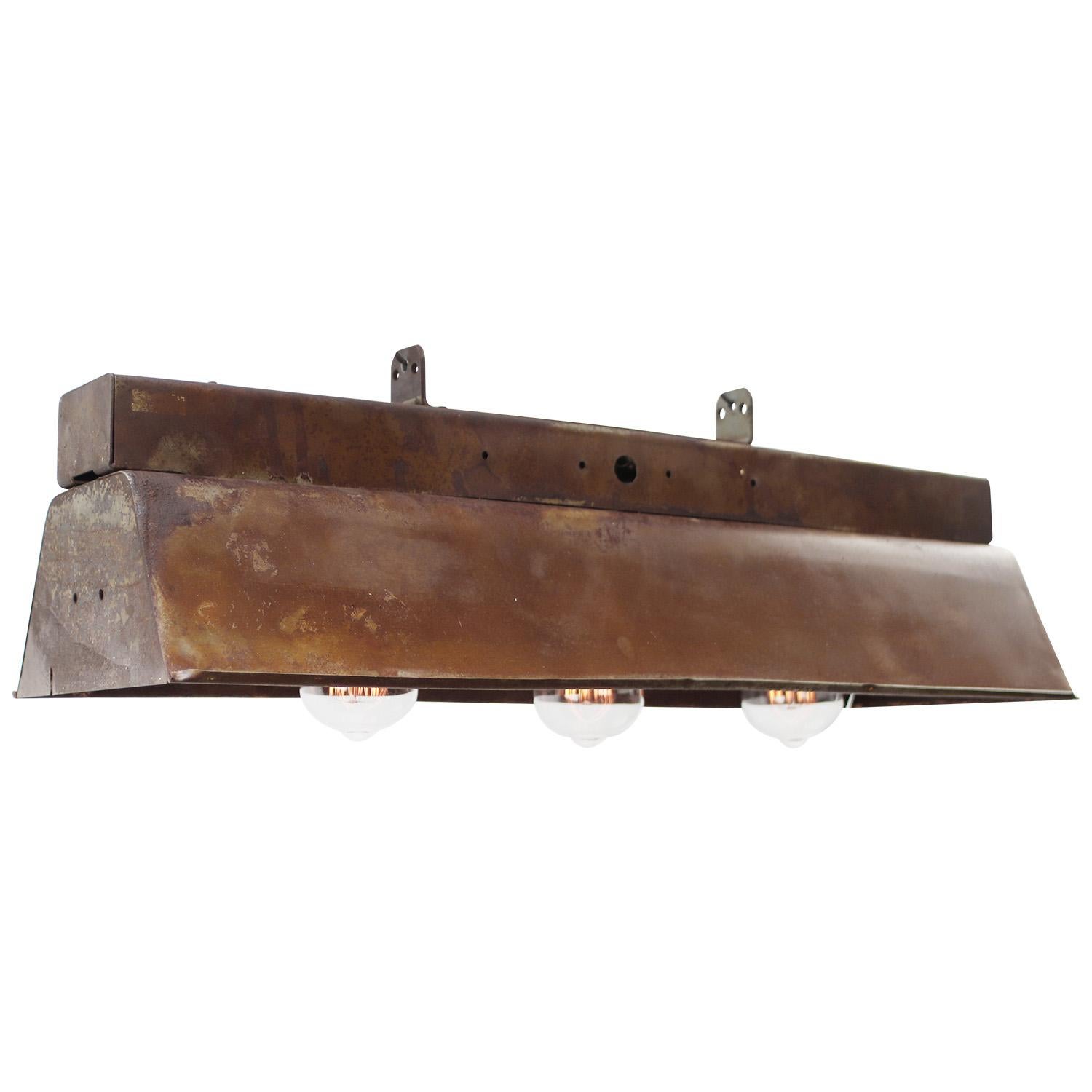 Rust metal film light.
Space for 3 bulbs.

Weight: 2.88 kg / 6.3 lb

Priced per individual item. All lamps have been made suitable by international standards for incandescent light bulbs, energy-efficient and LED bulbs. E26/E27 bulb holders and new