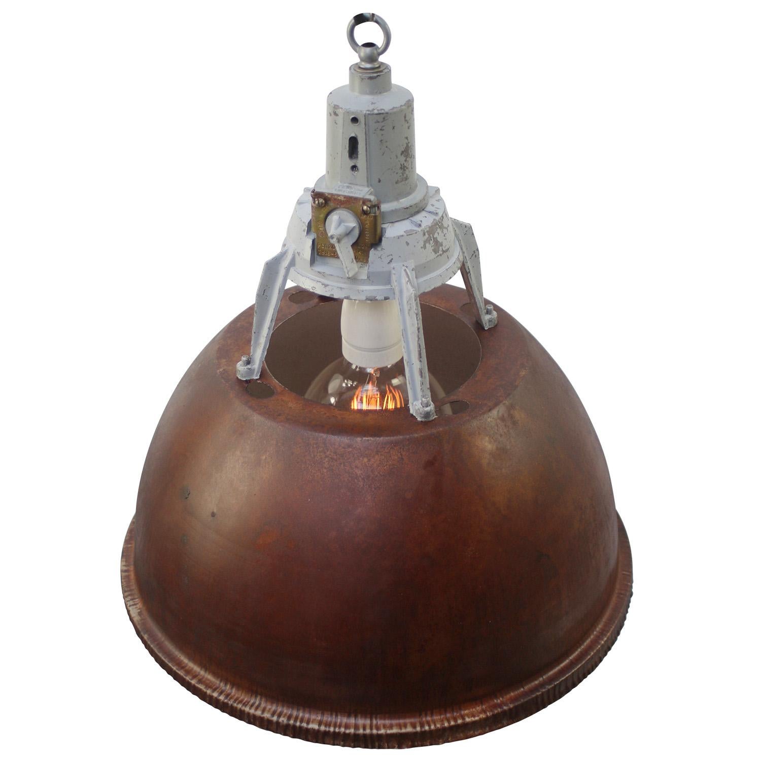 Industrial pendant
Rust brown metal shade, metal inside.
Gray cast aluminum top

Weight: 2.90 kg / 6.4 lb

Priced per individual item. All lamps have been made suitable by international standards for incandescent light bulbs, energy-efficient and