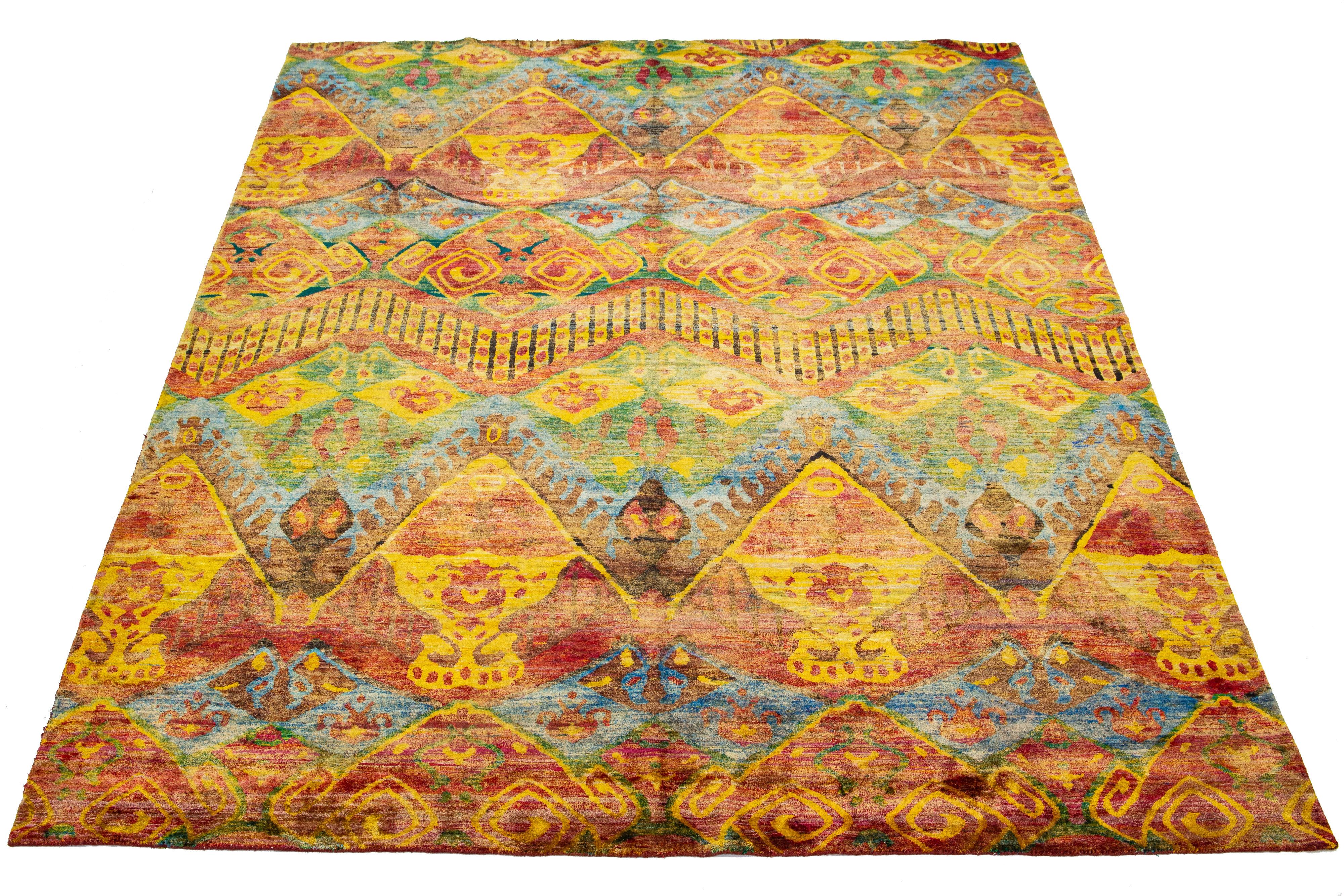 Rust Modern Bidjar Style Wool & Silk Rug Handmade Geometric Pattern For Sale 3