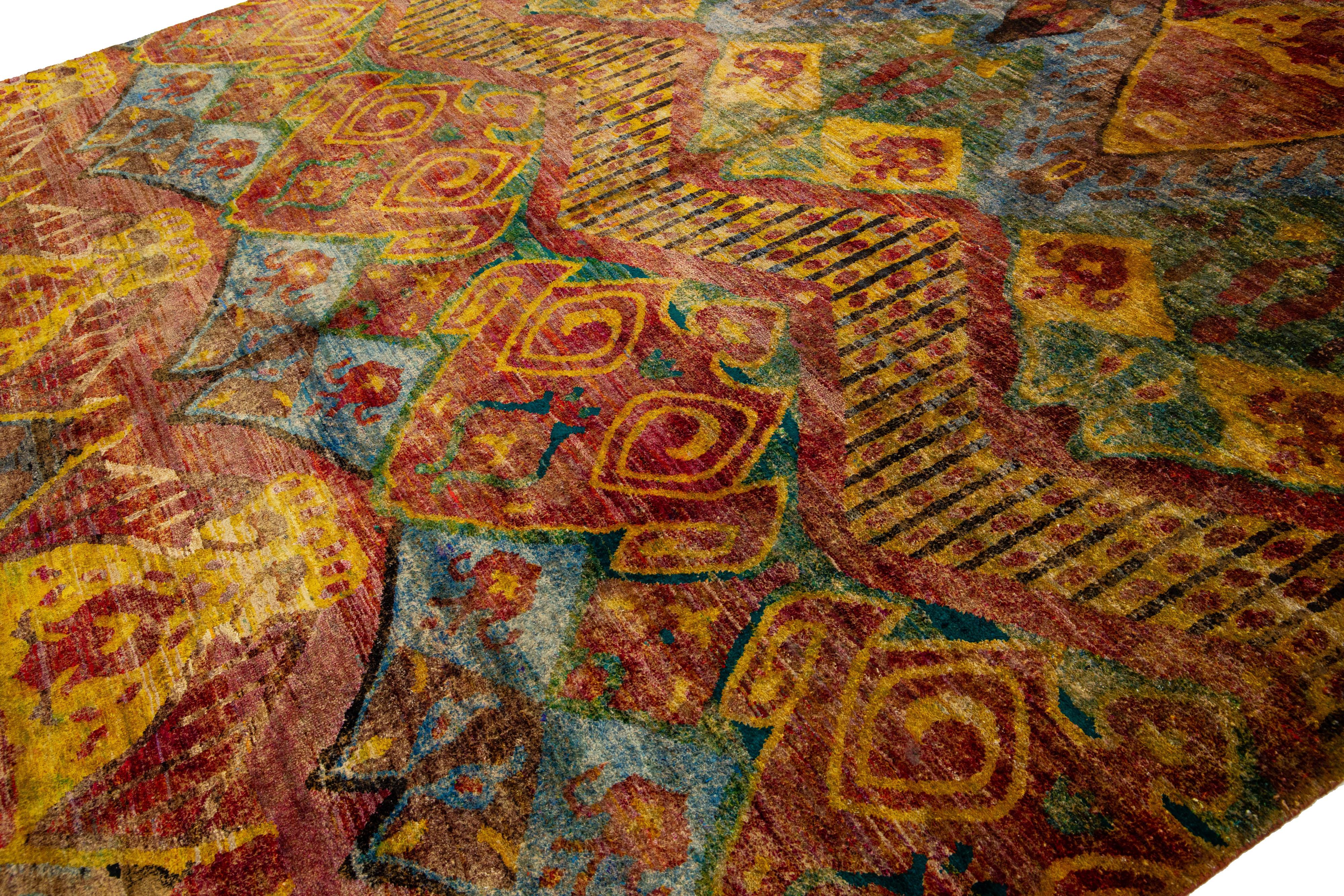 Moderner Rost-Teppich aus Wolle und Seide im Bidjar-Stil, handgefertigt mit geometrischem Muster (Islamisch) im Angebot