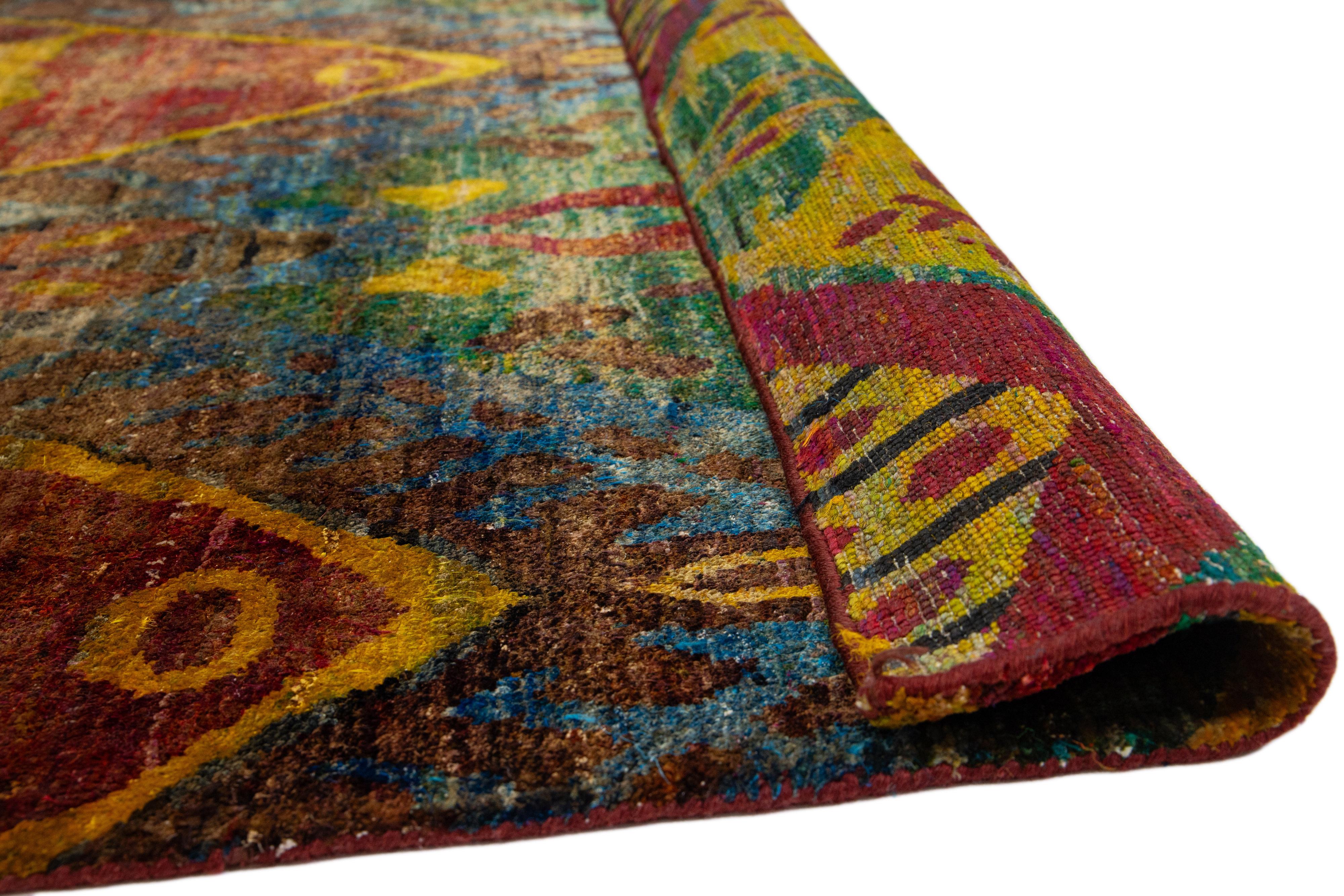 Moderner Rost-Teppich aus Wolle und Seide im Bidjar-Stil, handgefertigt mit geometrischem Muster (Indisch) im Angebot