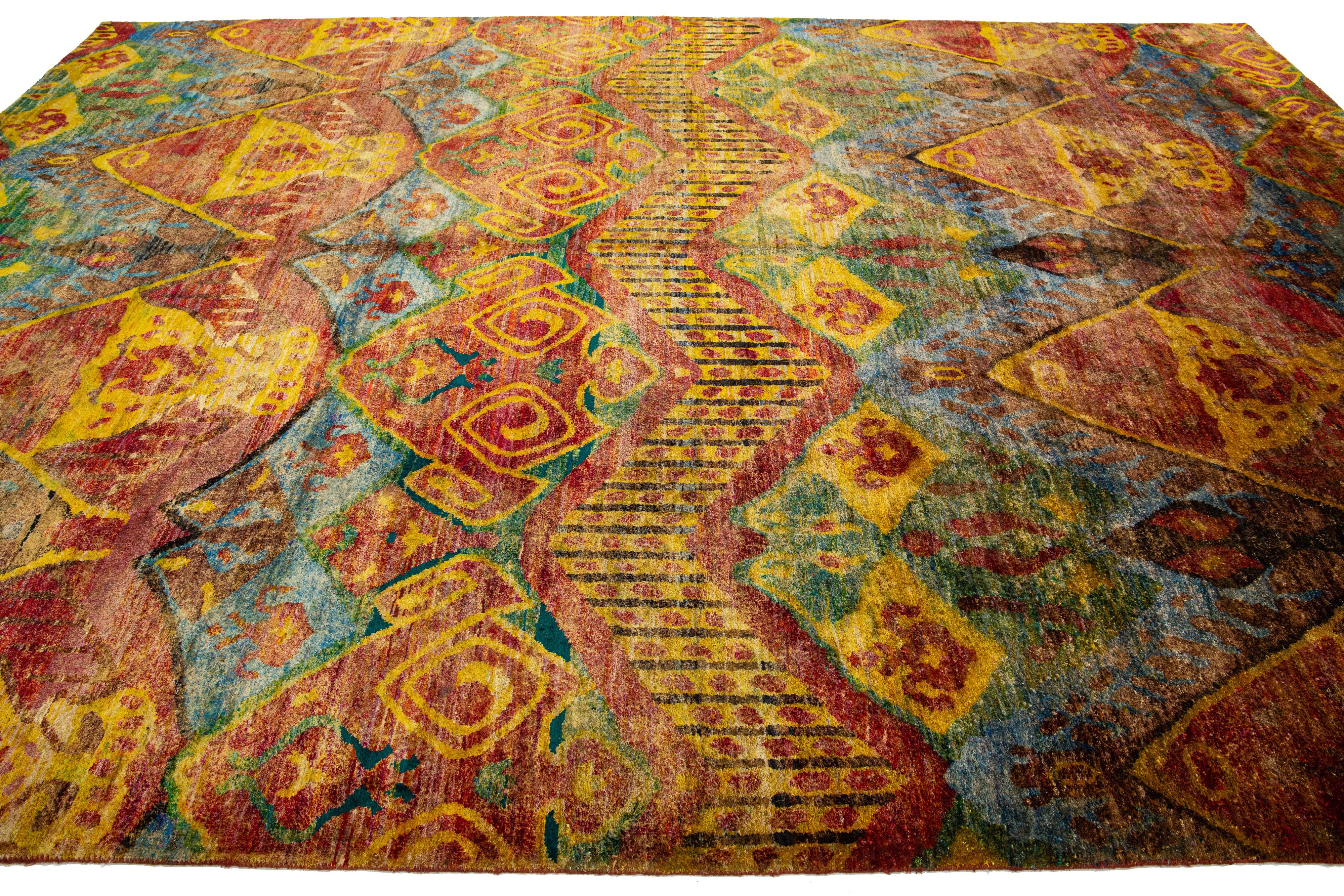 Moderner Rost-Teppich aus Wolle und Seide im Bidjar-Stil, handgefertigt mit geometrischem Muster (Handgeknüpft) im Angebot