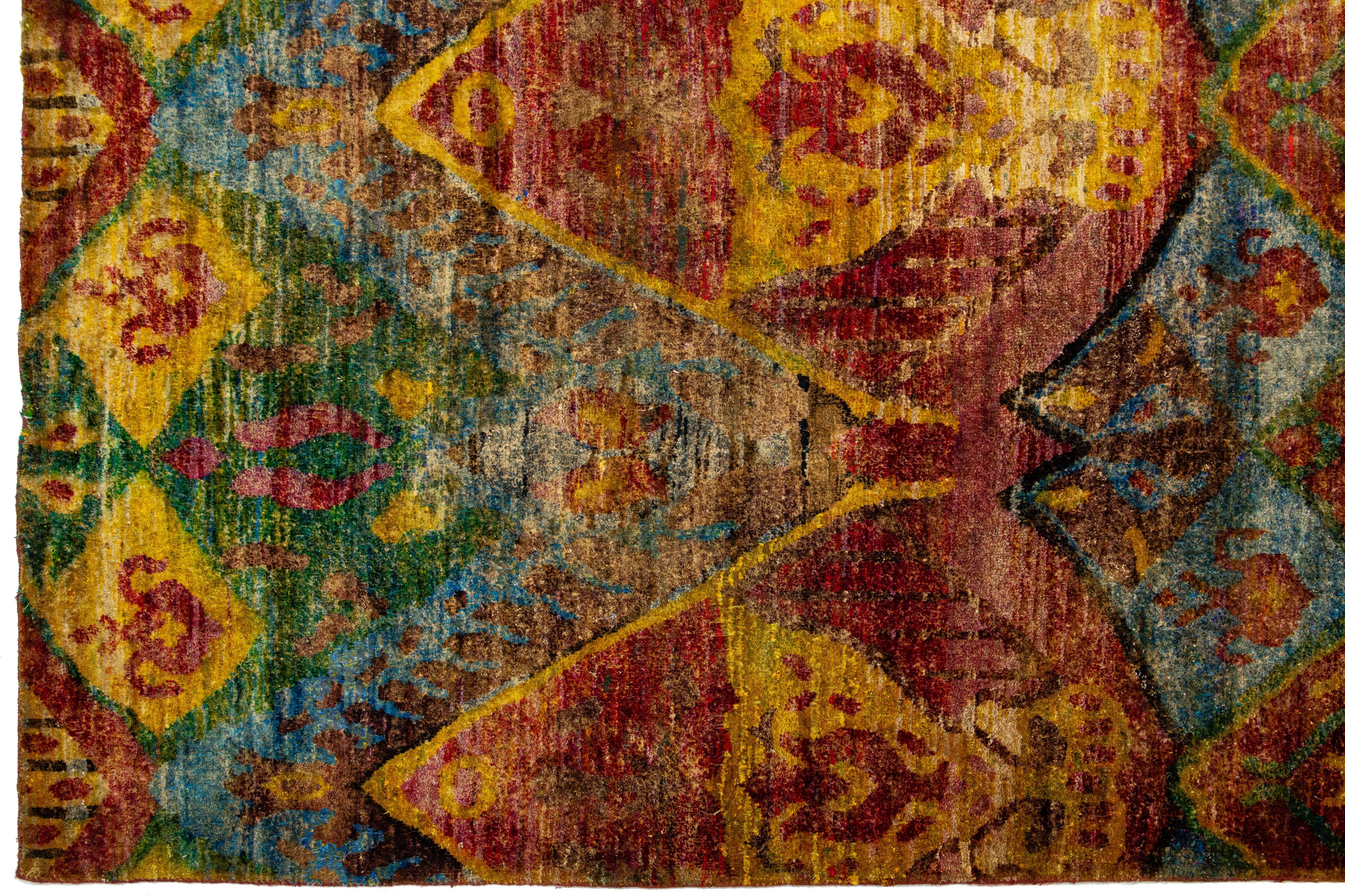 Moderner Rost-Teppich aus Wolle und Seide im Bidjar-Stil, handgefertigt mit geometrischem Muster im Zustand „Neu“ im Angebot in Norwalk, CT