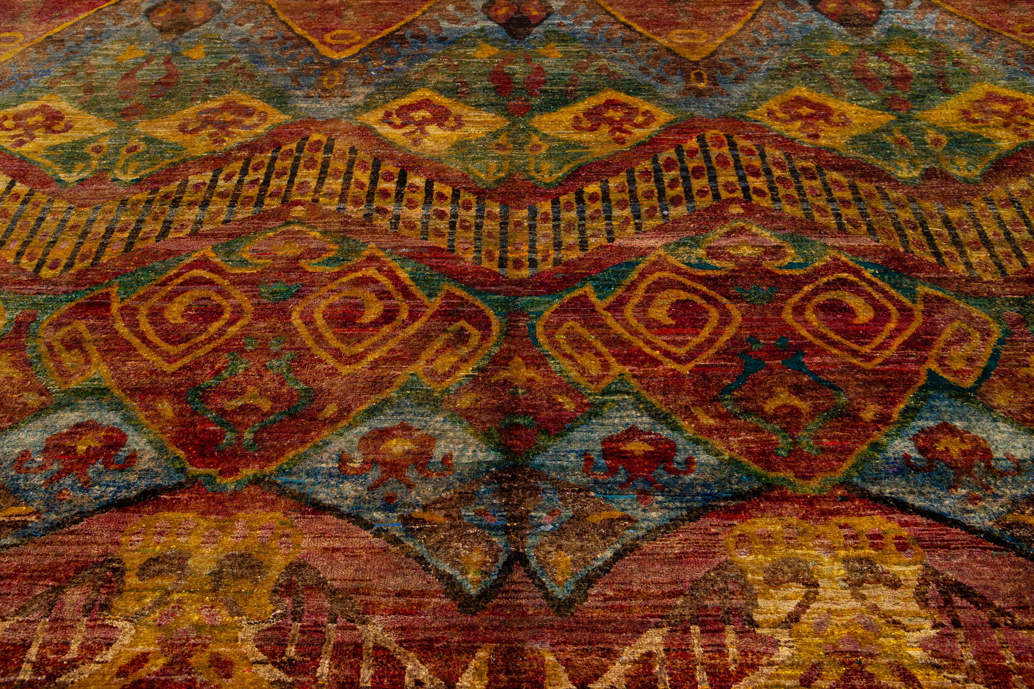 Contemporary Rust Modern Bidjar Style Wool & Silk Rug Handmade Geometric Pattern For Sale