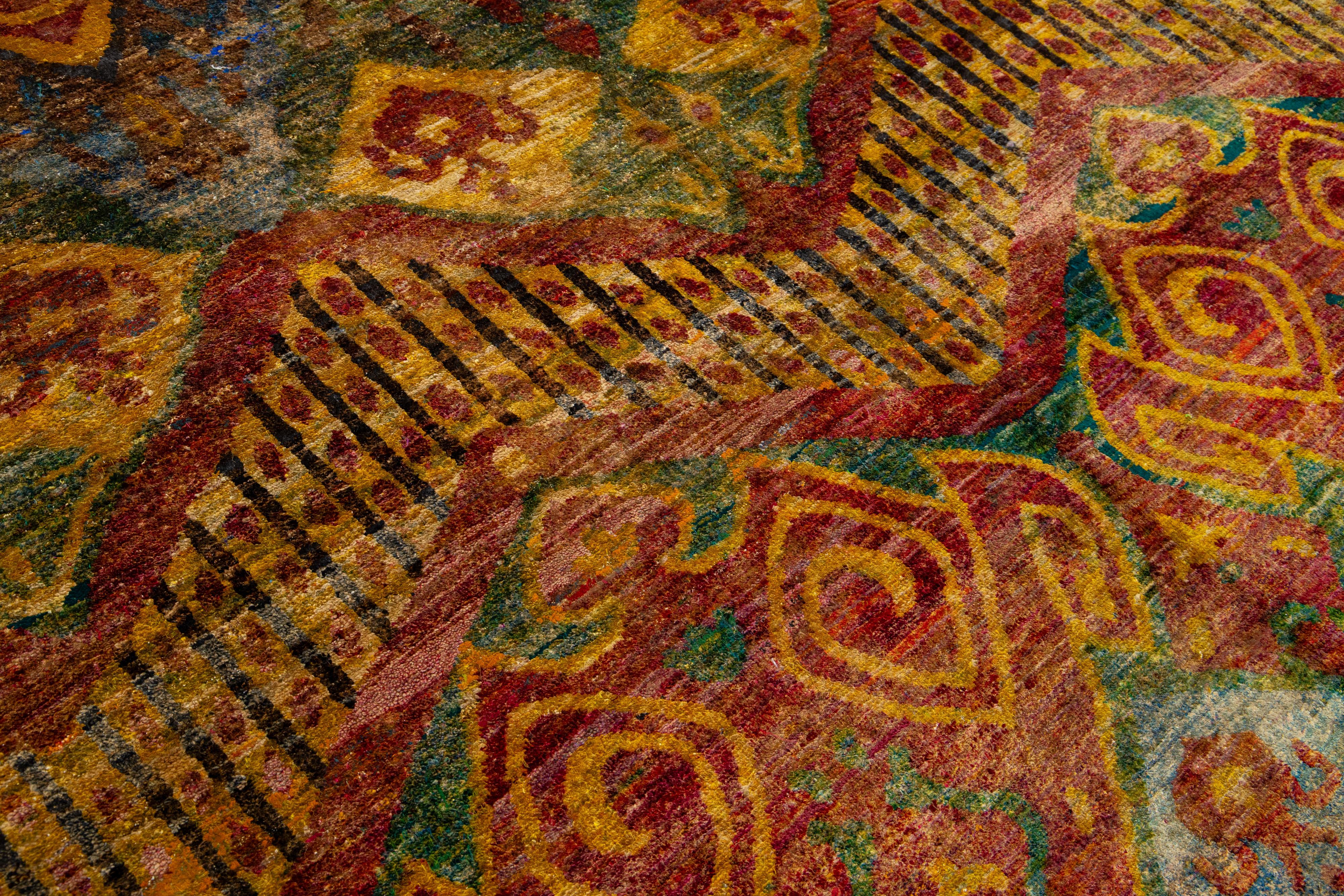 Moderner Rost-Teppich aus Wolle und Seide im Bidjar-Stil, handgefertigt mit geometrischem Muster im Angebot 1