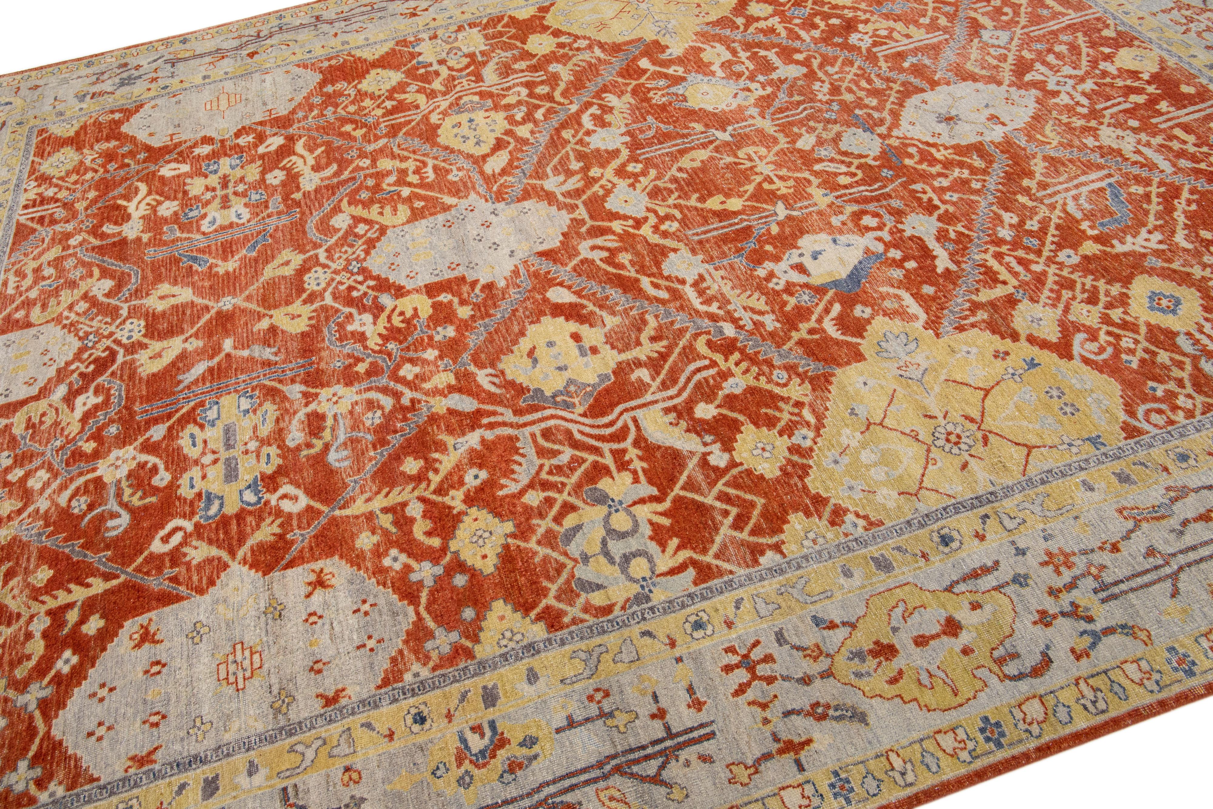 Hand-Knotted Rust Modern Tabriz Handmade Indian Wool Rug with Floral Pattern by Apadana For Sale