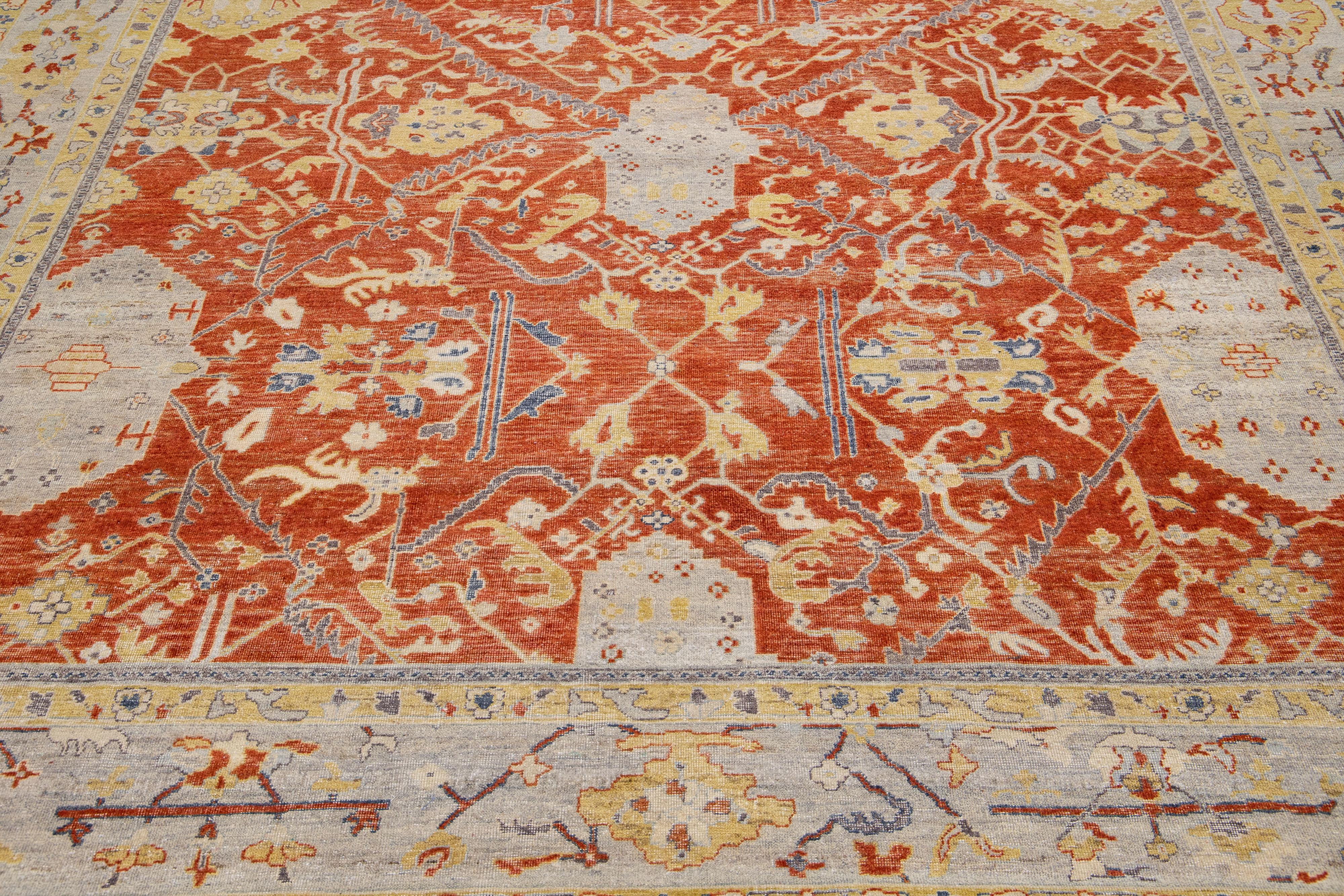 Rust Modern Tabriz Handmade Indian Wool Rug with Floral Pattern by Apadana For Sale 1