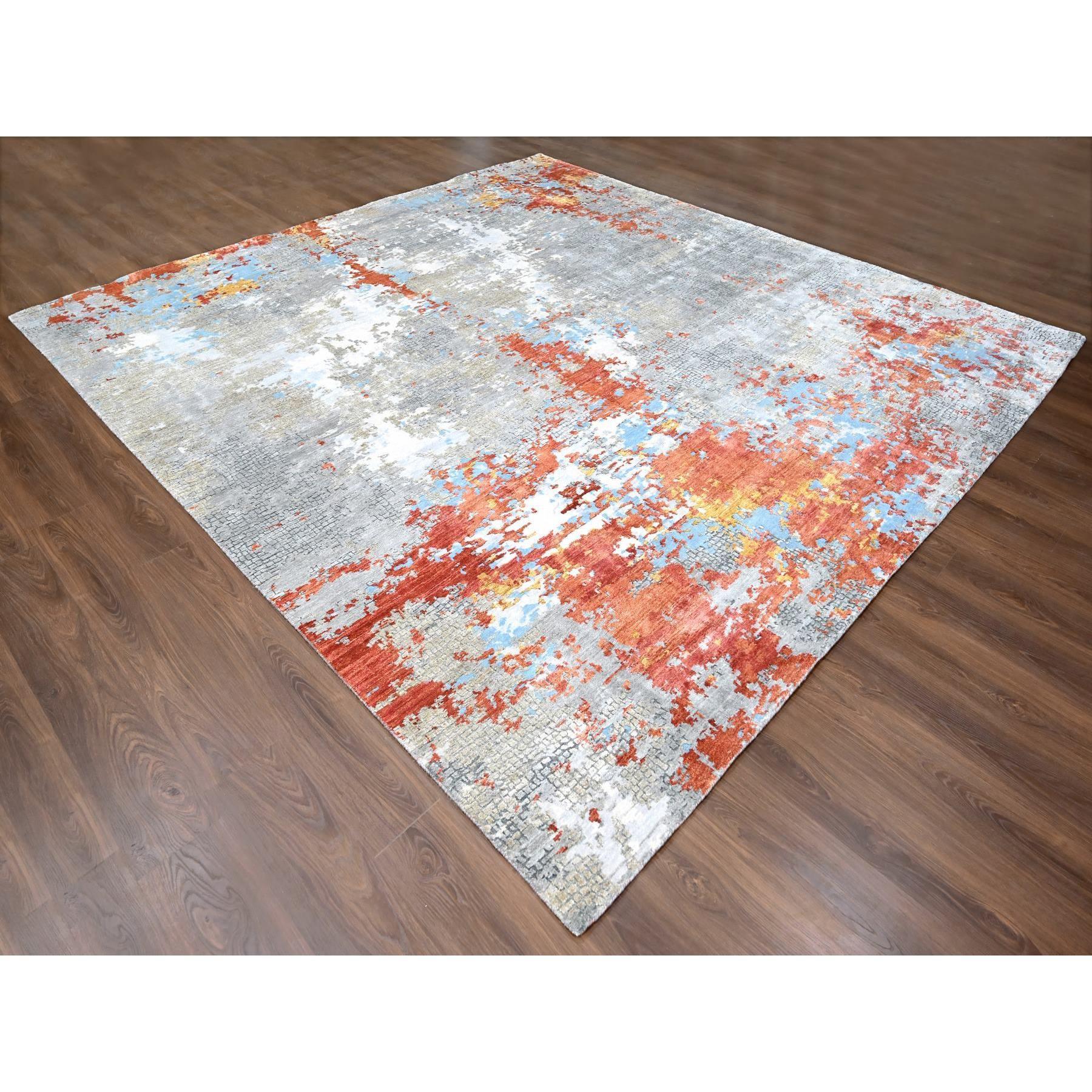 Rust Orange & Grau Mosaik Design Wolle und Seide handgeknüpft Quadrat Teppich 12' x 12' (Moderne)