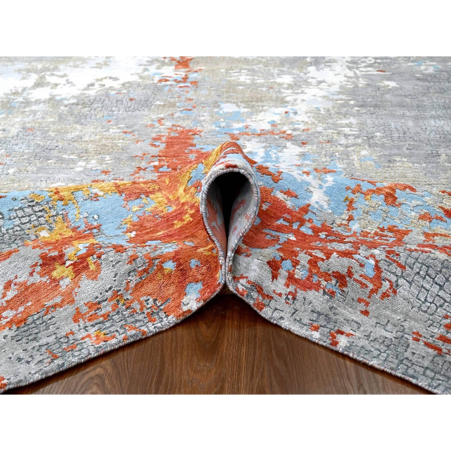 Rust Orange & Grau Mosaik Design Wolle und Seide handgeknüpft Quadrat Teppich 12' x 12' (Handgeknüpft)