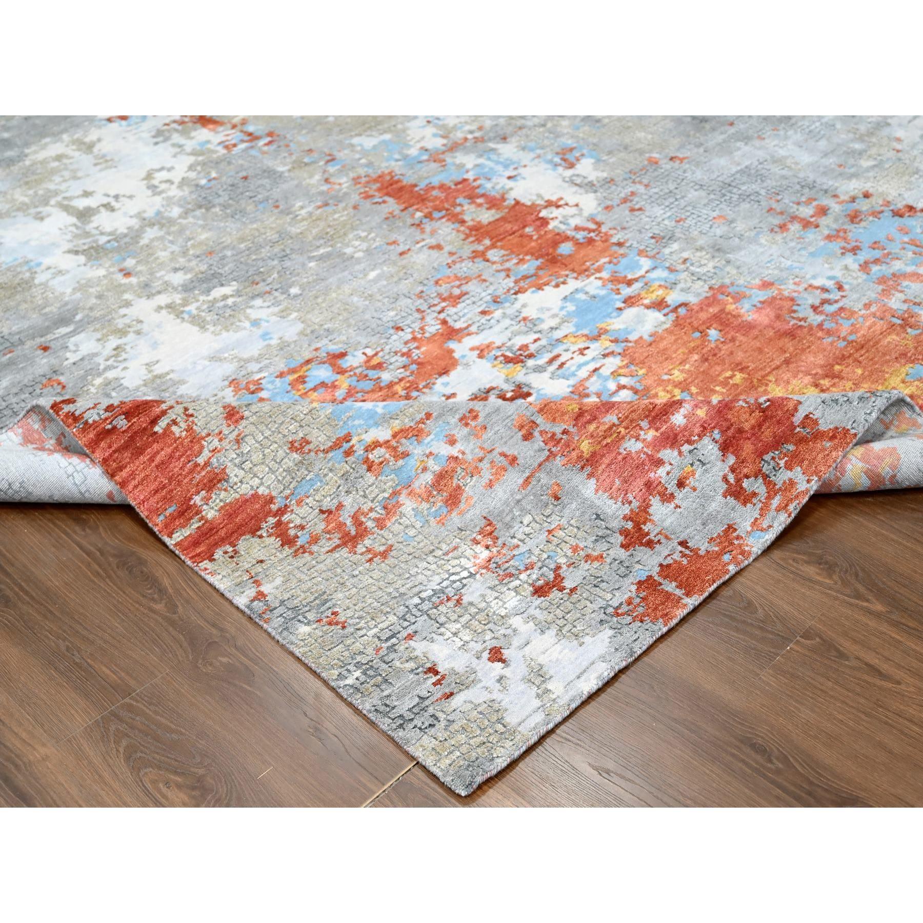 Rust Orange & Grau Mosaik Design Wolle und Seide handgeknüpft Quadrat Teppich 12' x 12' im Zustand „Neu“ in Carlstadt, NJ