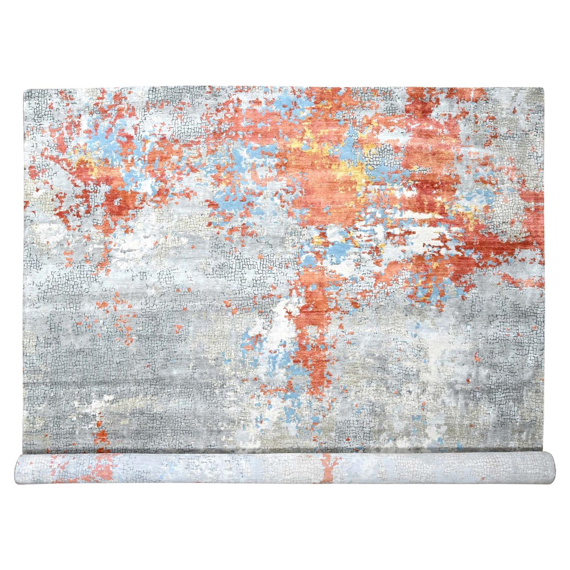 Tappeto quadrato arancione e grigio con disegno a mosaico in lana e seta annodato a mano 12' x 12'