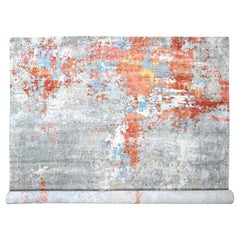 Rust Orange & Gray Mosaic Design Wool and Silk Hand Knotted Square Rug 12' x 12'