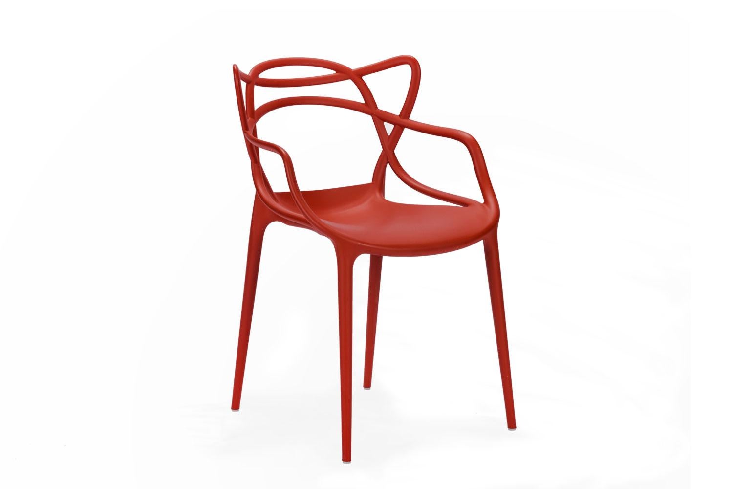 The Masters is light, practical and stackable and can be used outdoors as well. Made from modified batch-dyed polypropylene these chairs are a powerful tribute to three symbolic chairs, re-read and re-interpreted by the creative genius of Philippe