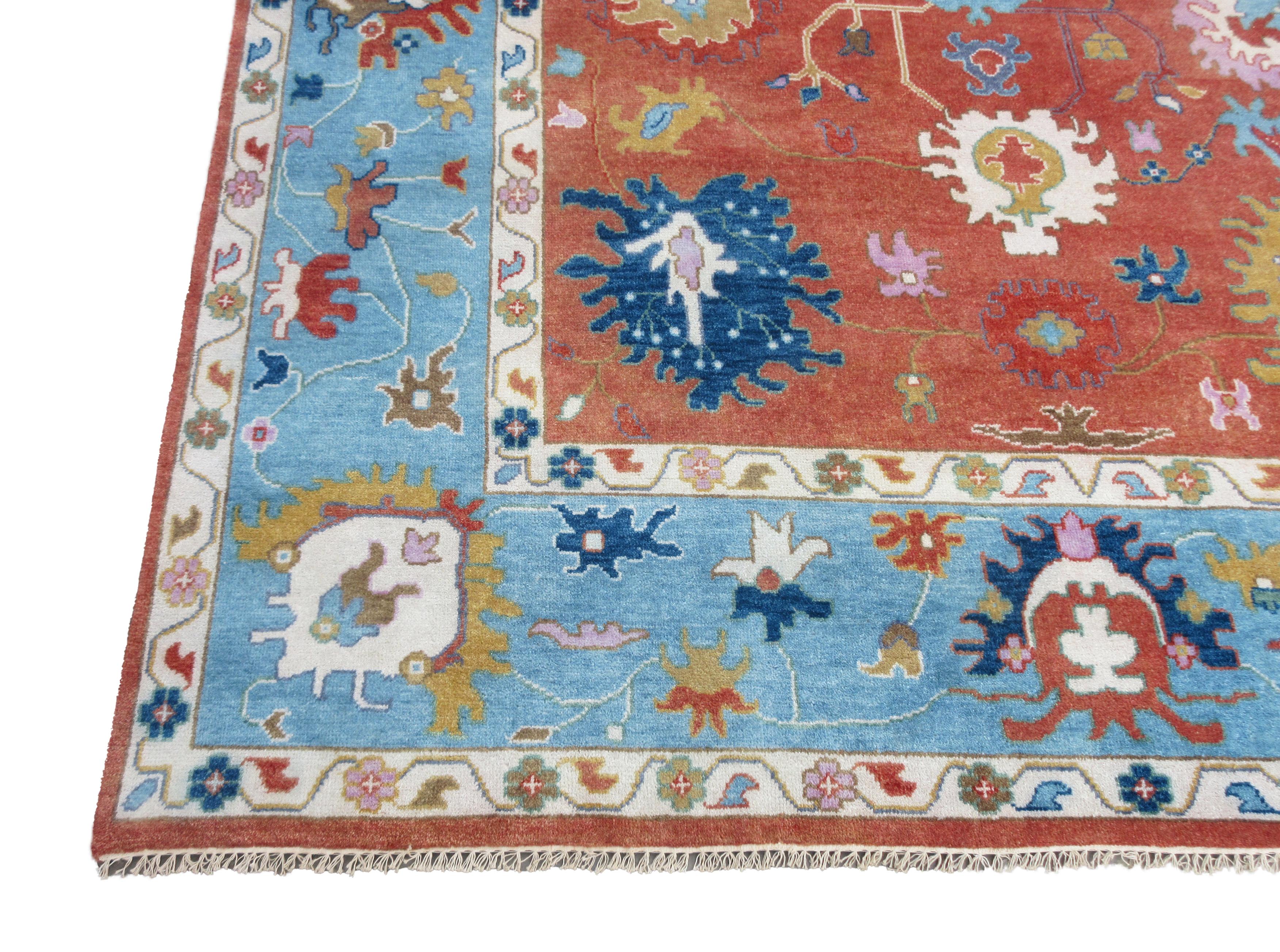Hand-Knotted Rust Oushak Area Rug For Sale