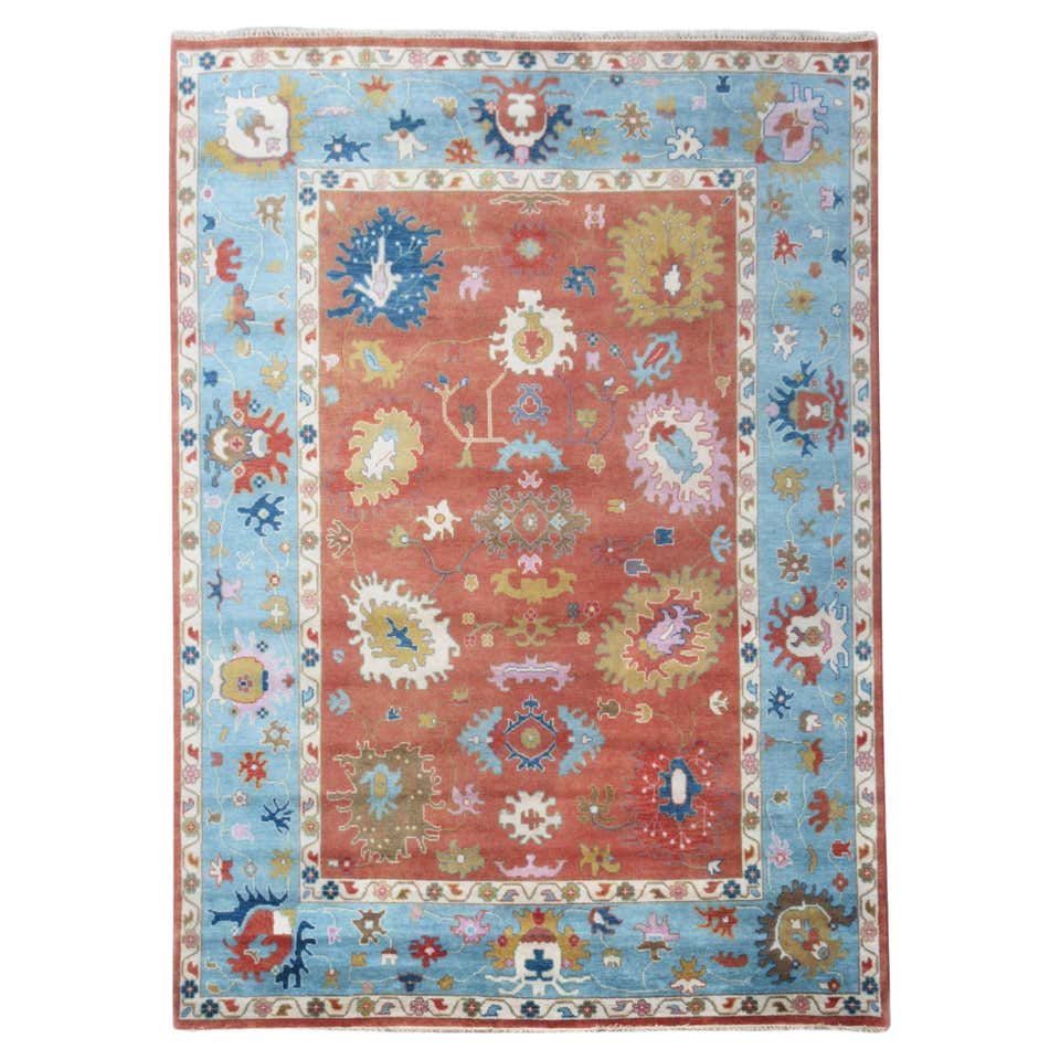 Rug and Kilim’s Oushak Style Rug with Beige, Rust and Navy Blue Floral ...