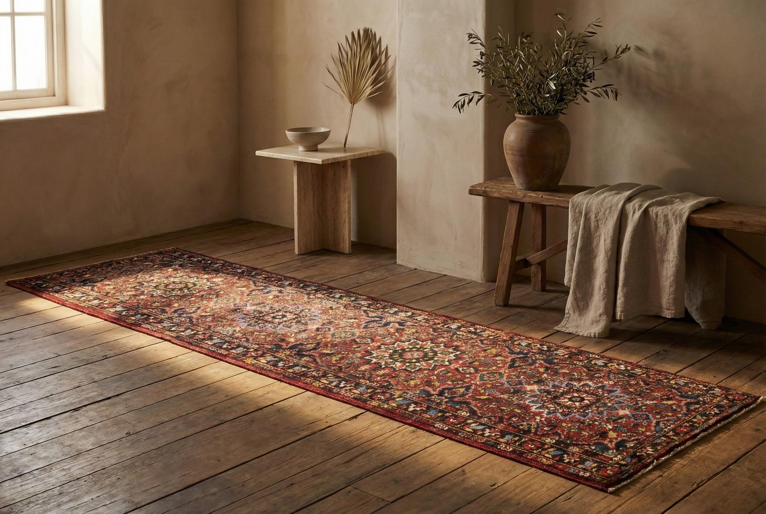 This antique Persian Bakhtiar runner, woven circa 1900–1920, presents a richly detailed tribal composition crafted in durable wool on a cotton foundation. It measures approximately 3 ft 4 in x 11 ft 1 in (about 1.02 m x 3.38 m), placing it in the