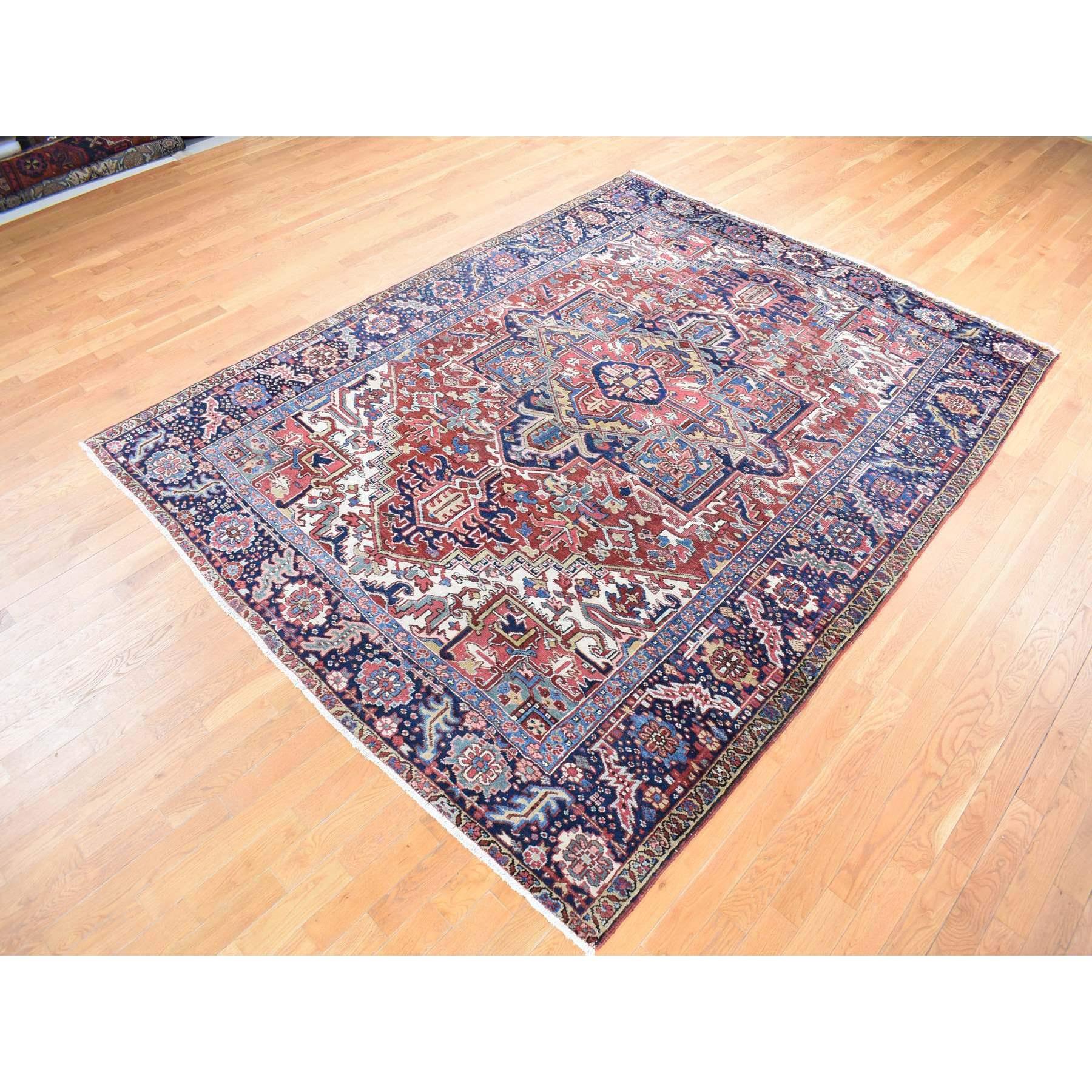 Hand-Knotted Rust Red Antique Persian Heriz Pure Wool Hand Knotted Even Wear Clean Rug