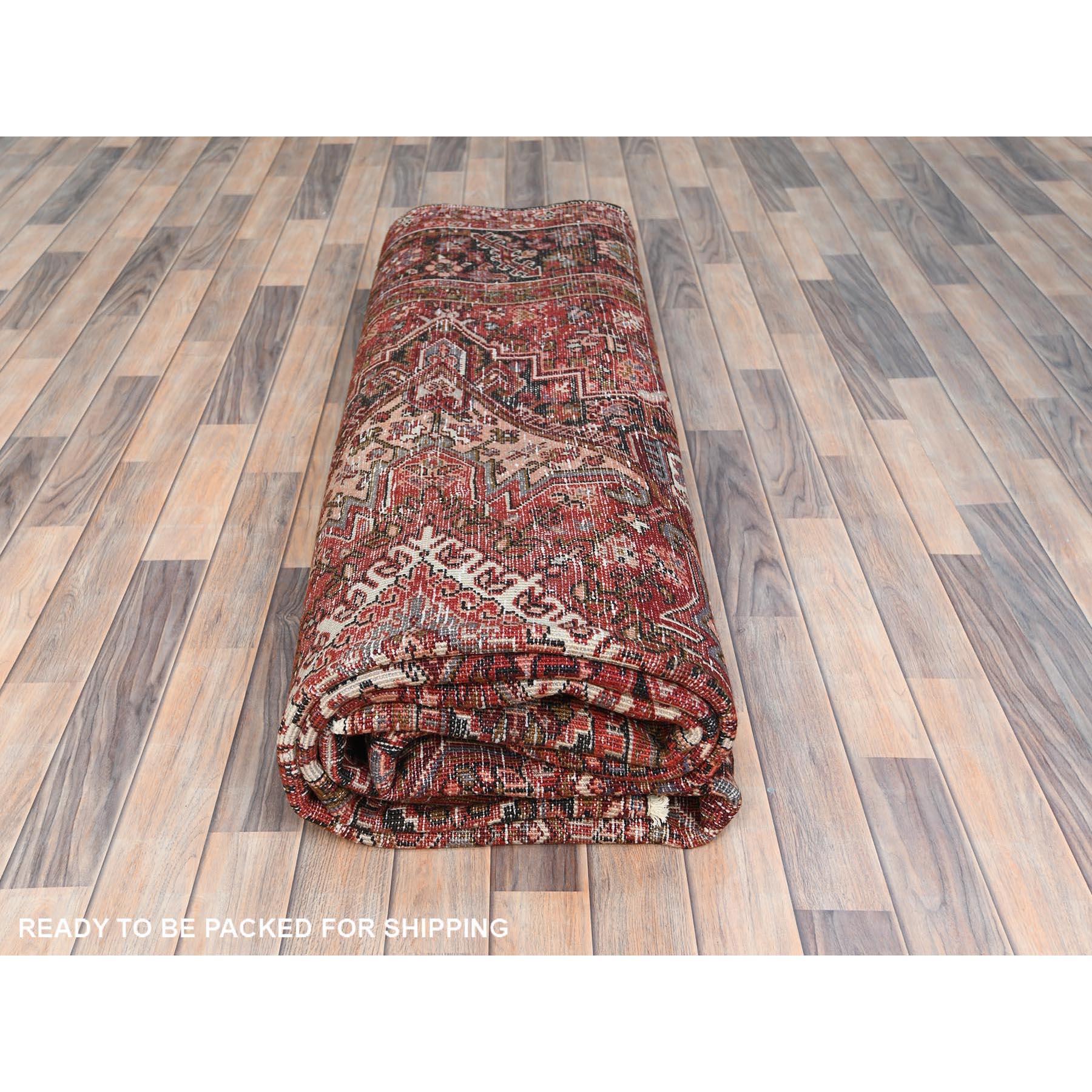 Rust Red Cleaned Worn Wool Semi Antique Persian Heriz Hand Knotted Oriental Rug For Sale 4