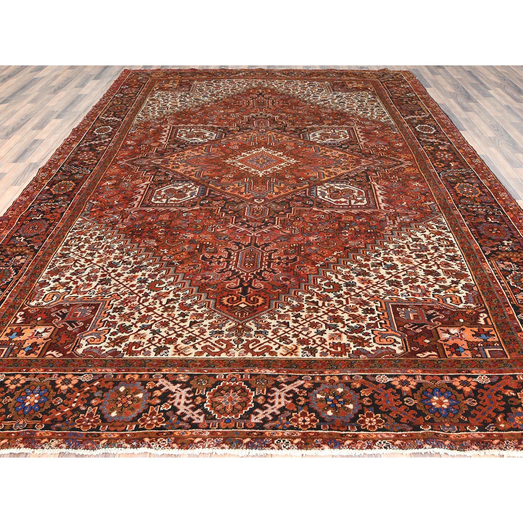 Heriz Serapi Rust Red Cleaned Worn Wool Semi Antique Persian Heriz Hand Knotted Oriental Rug For Sale