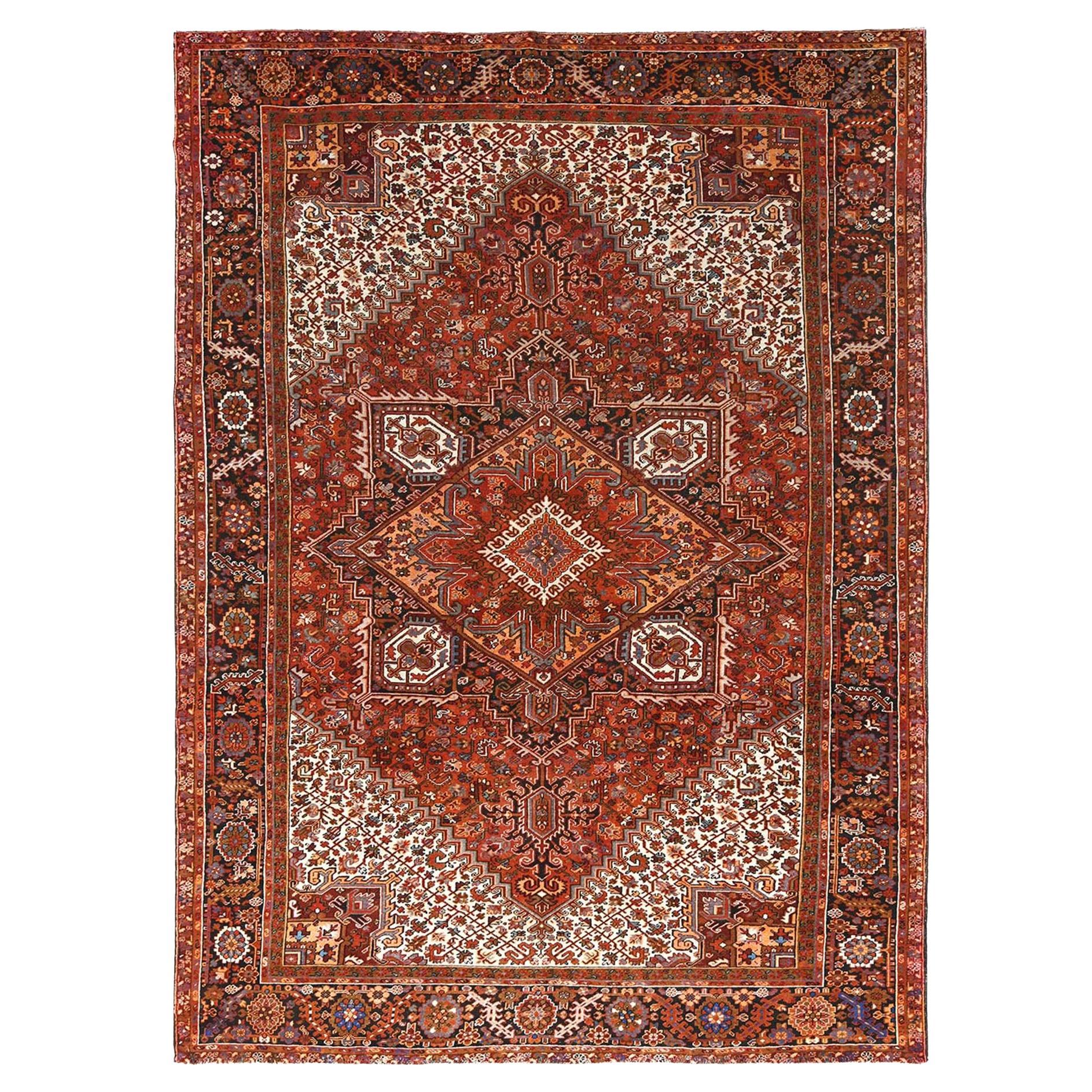 Rust Red Cleaned Worn Wool Semi Antique Persian Heriz Hand Knotted Oriental Rug For Sale