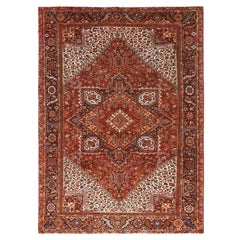Rust Red Cleaned Worn Wool Semi Antique Persian Heriz Hand Knotted Oriental Rug