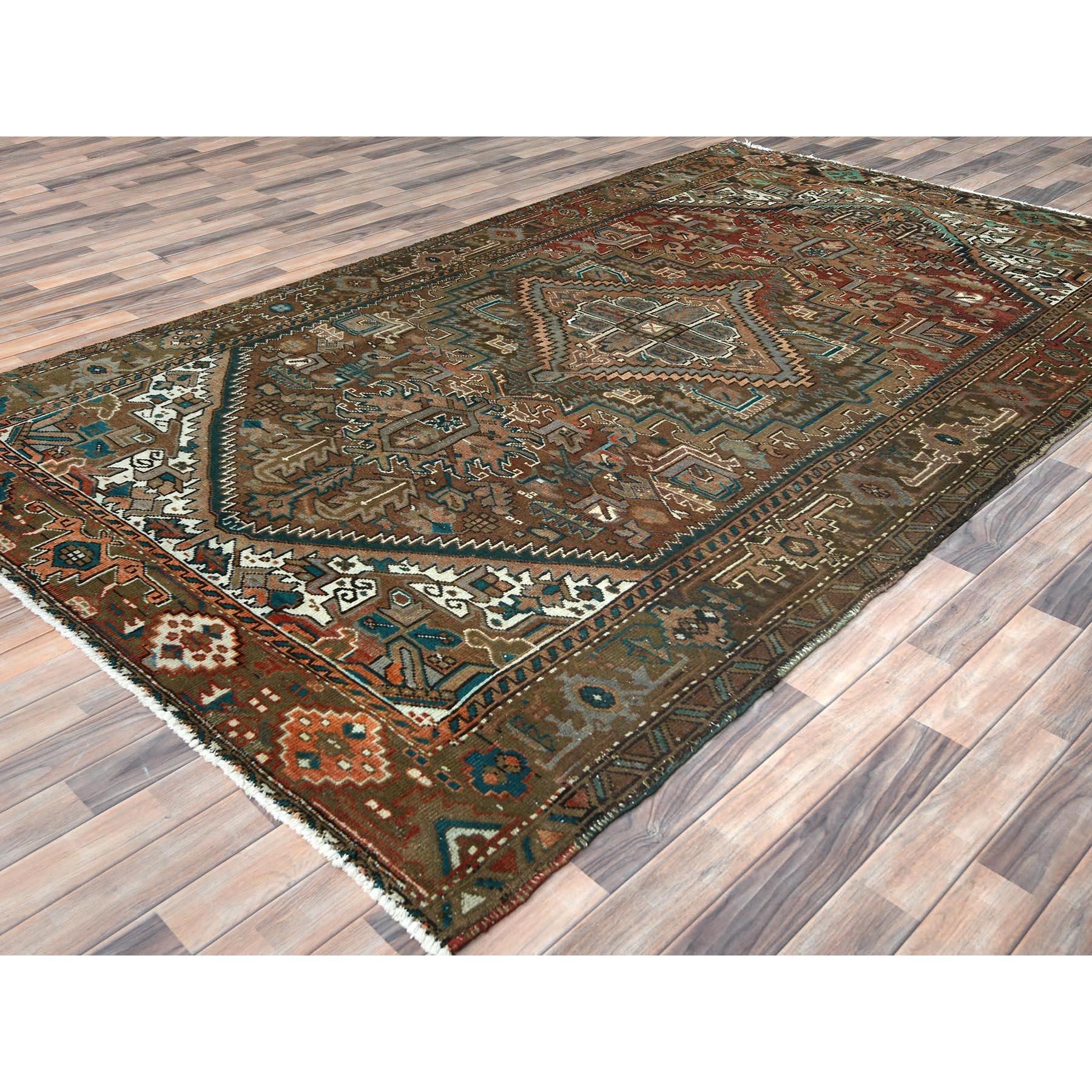 Turkish Rust Red Hand Knotted Vintage Persian Heriz Abrash Distressed Look Worn Wool Rug