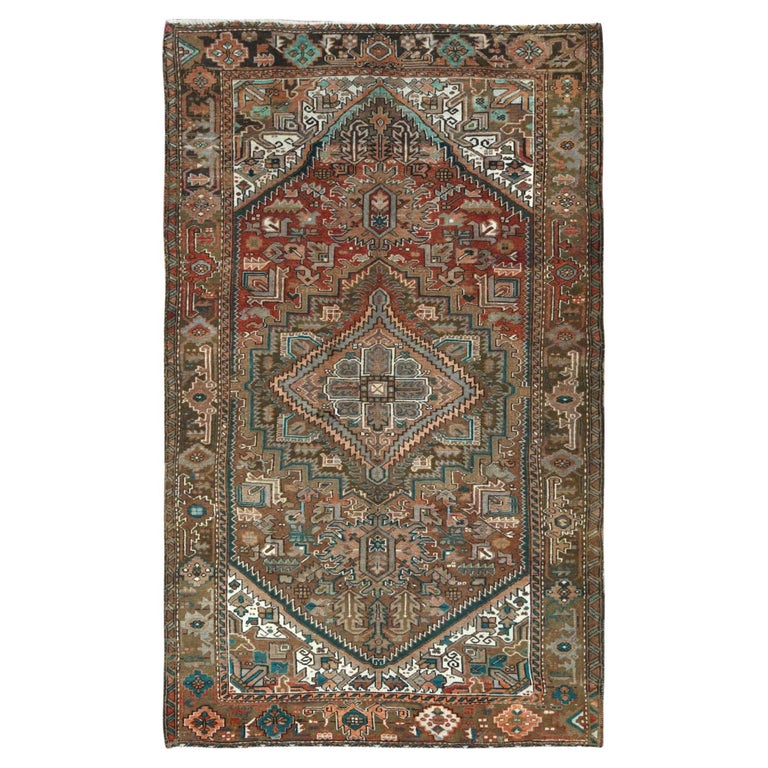Pursion Rug Worn Rust Red Hand Knotted Vintage Persian Heriz Abrash Distressed Look Worn ...