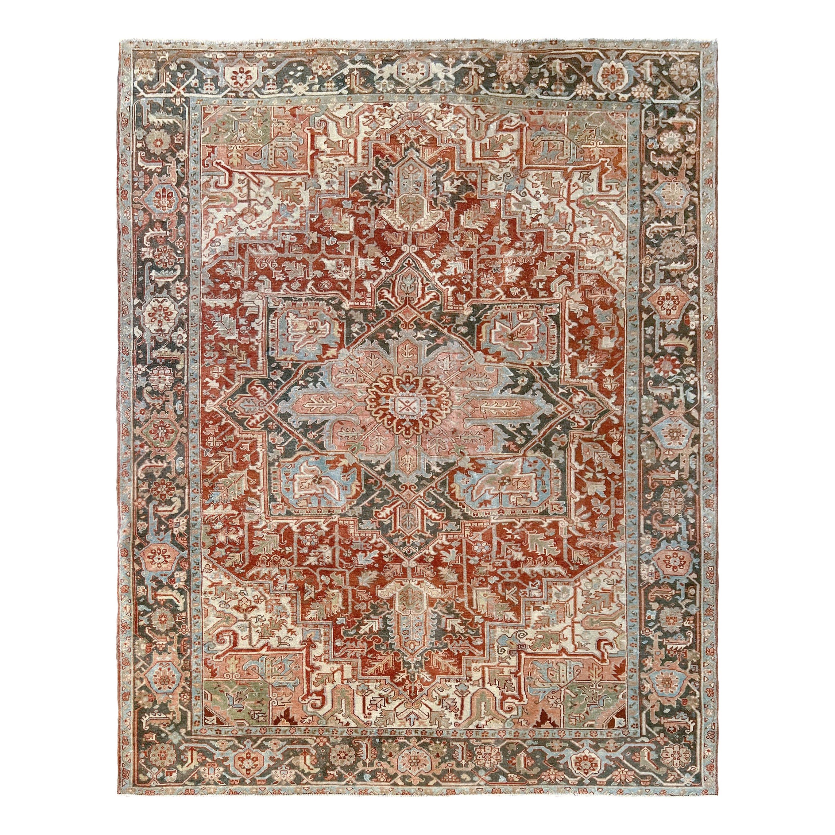 Rust Red Heriz Serapi Rug • Handmade Muted Persian Wool Rug (8×11) For Sale