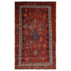Rust Red Old and Worn Down Persian Qashqai Pure Wool Bohemian Rug