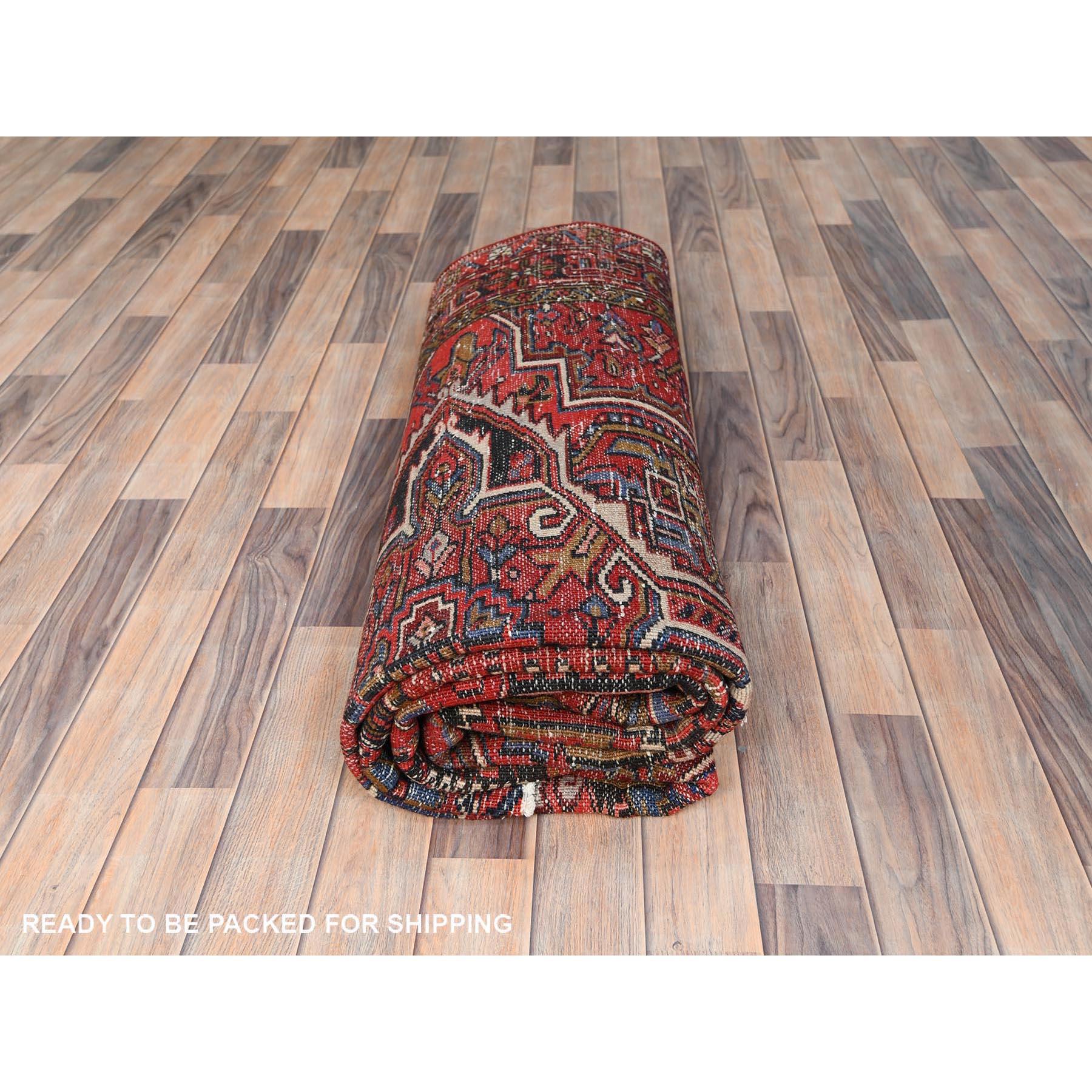 Rust Red Vintage Persian Heriz Cleaned Rustic Look Worn Wool Hand Knotted Rug For Sale 4
