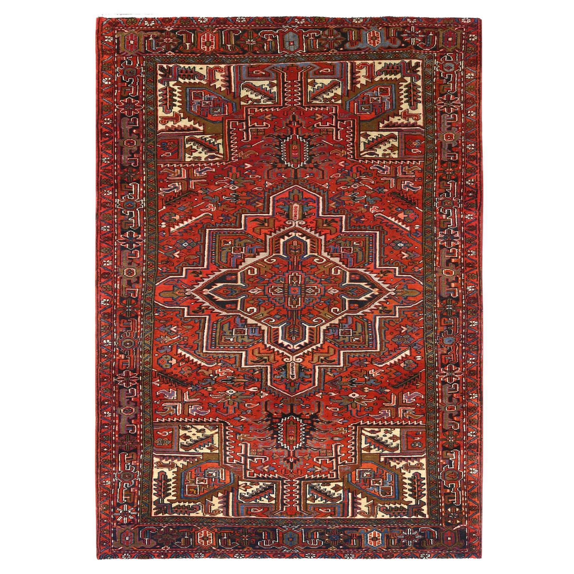Rust Red Vintage Persian Heriz Cleaned Rustic Look Worn Wool Hand Knotted Rug For Sale