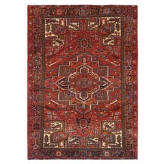 Rust Red Vintage Persian Heriz Cleaned Rustic Look Worn Wool Hand Knotted Rug