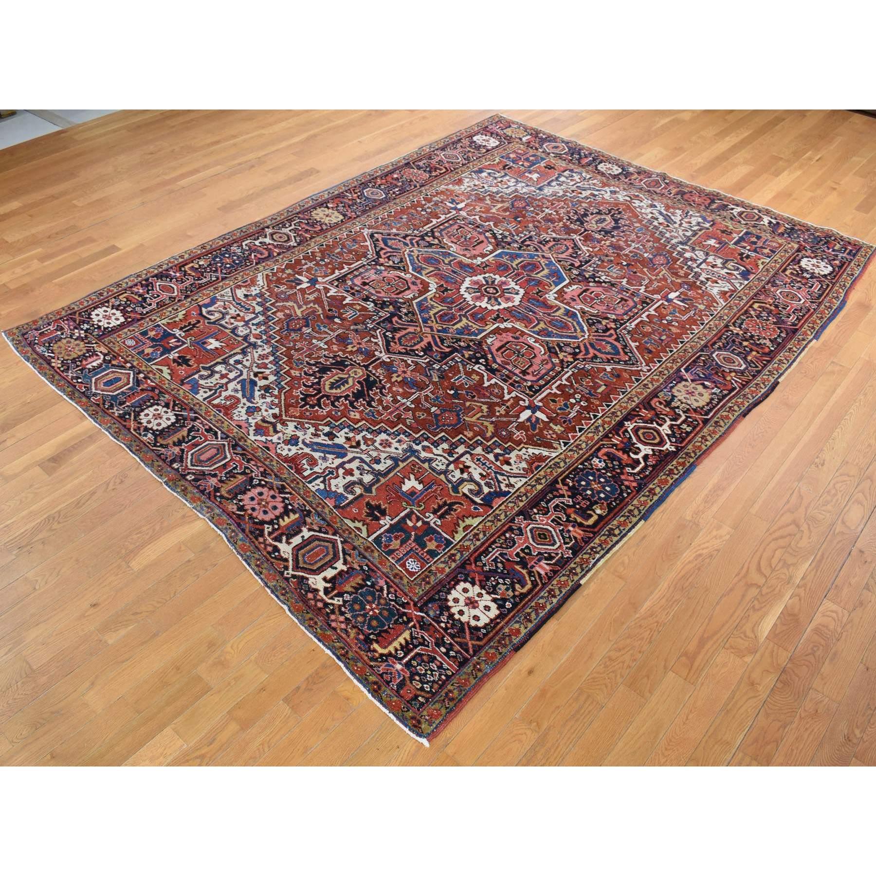 Hand-Knotted Rust Red Vintage Persian Heriz with Some Wear Clean Soft Wool Hand Knotted Rug