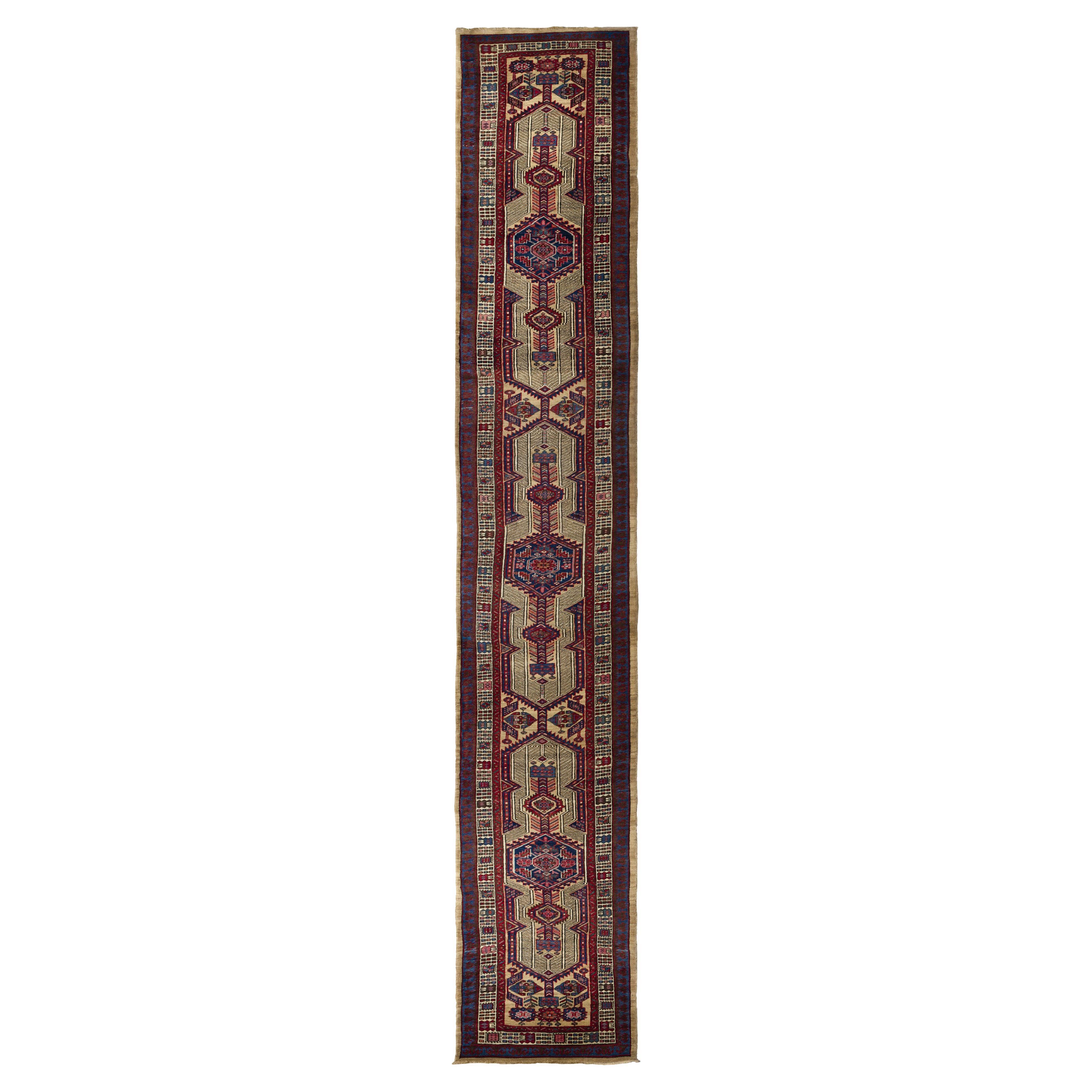 Rust Sarab Wool Hand Knotted Runner 3 ft x 18 ft, Hexagon Medallion Geometry