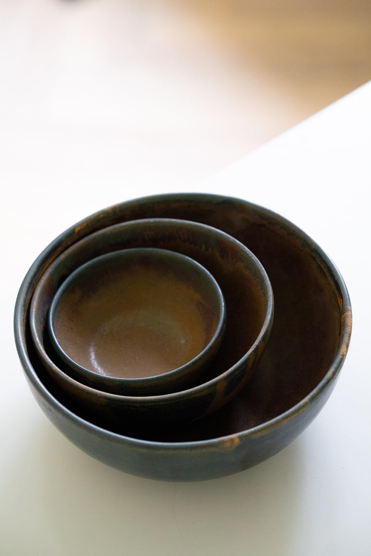 Hand-Crafted Rust Stoneware Nesting Bowl Set For Sale