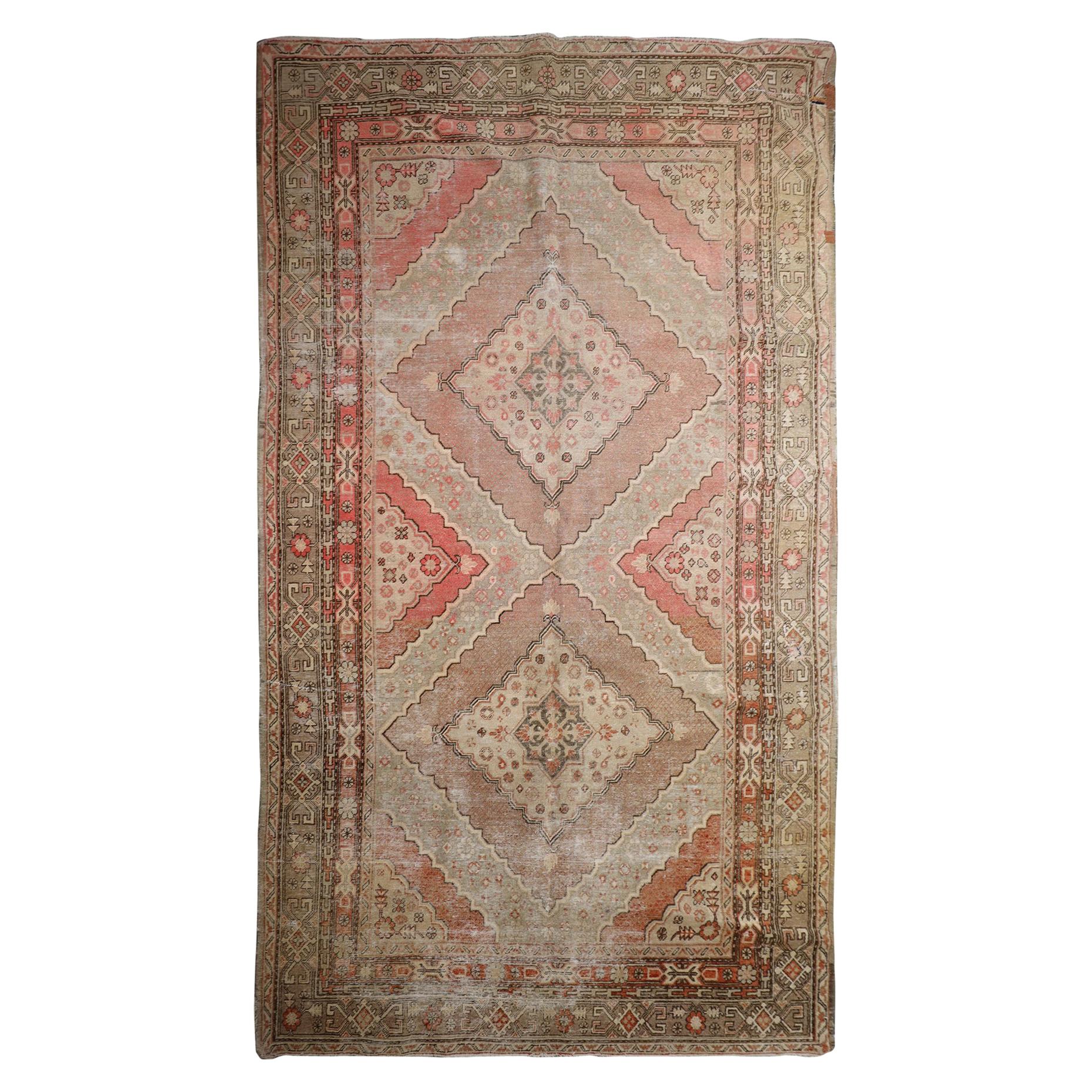 Rust Traditional Antique Handmade Khotan Rug, Pink Wool Central Area Rug Sale For Sale