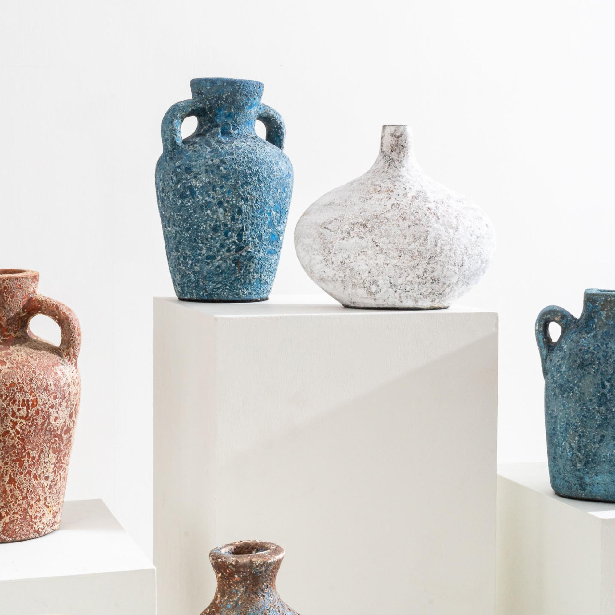 Rust Vase, Handmade Textured Terracotta Jug in Blue For Sale 4