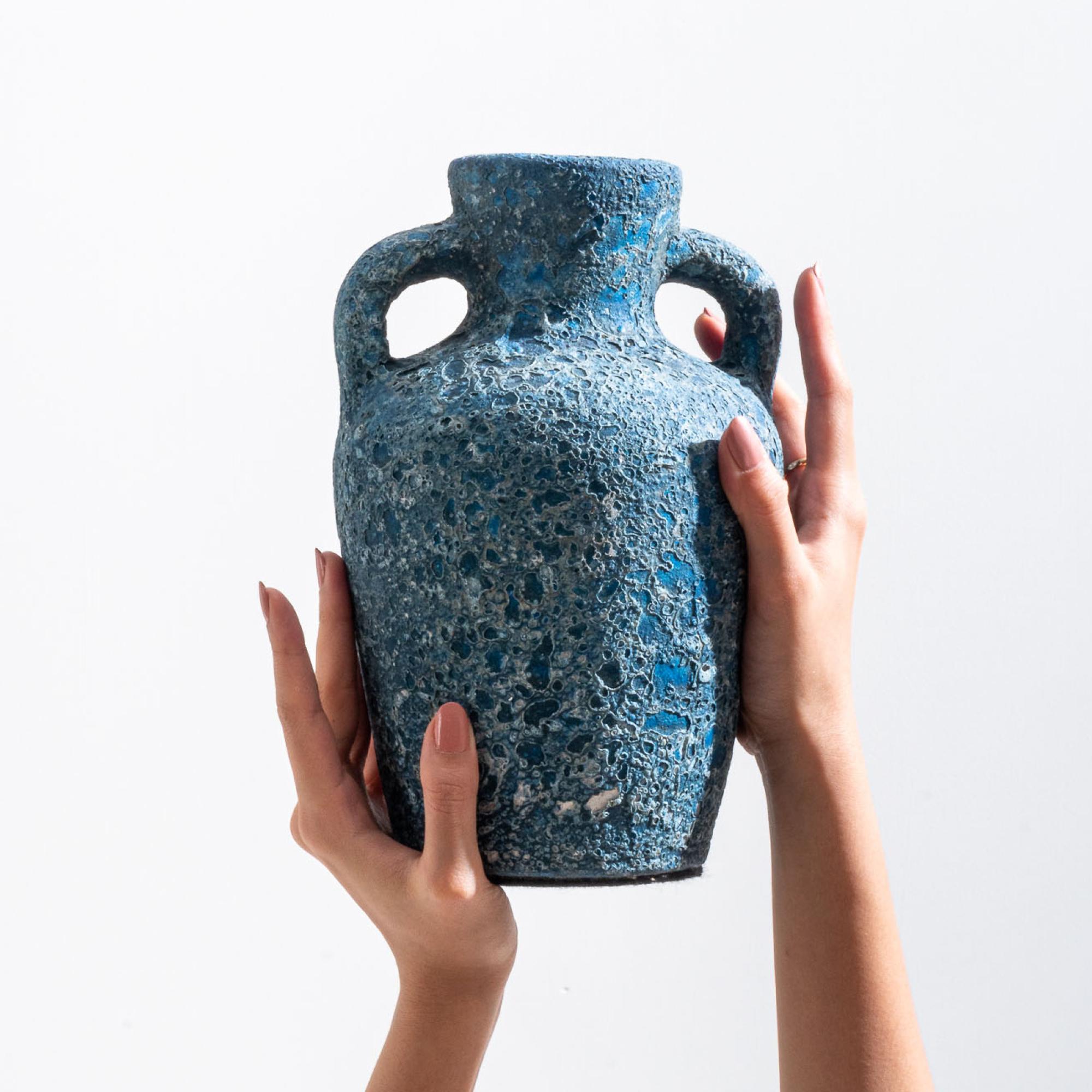 Rust Vase, Handmade Textured Terracotta Jug in Blue For Sale 5