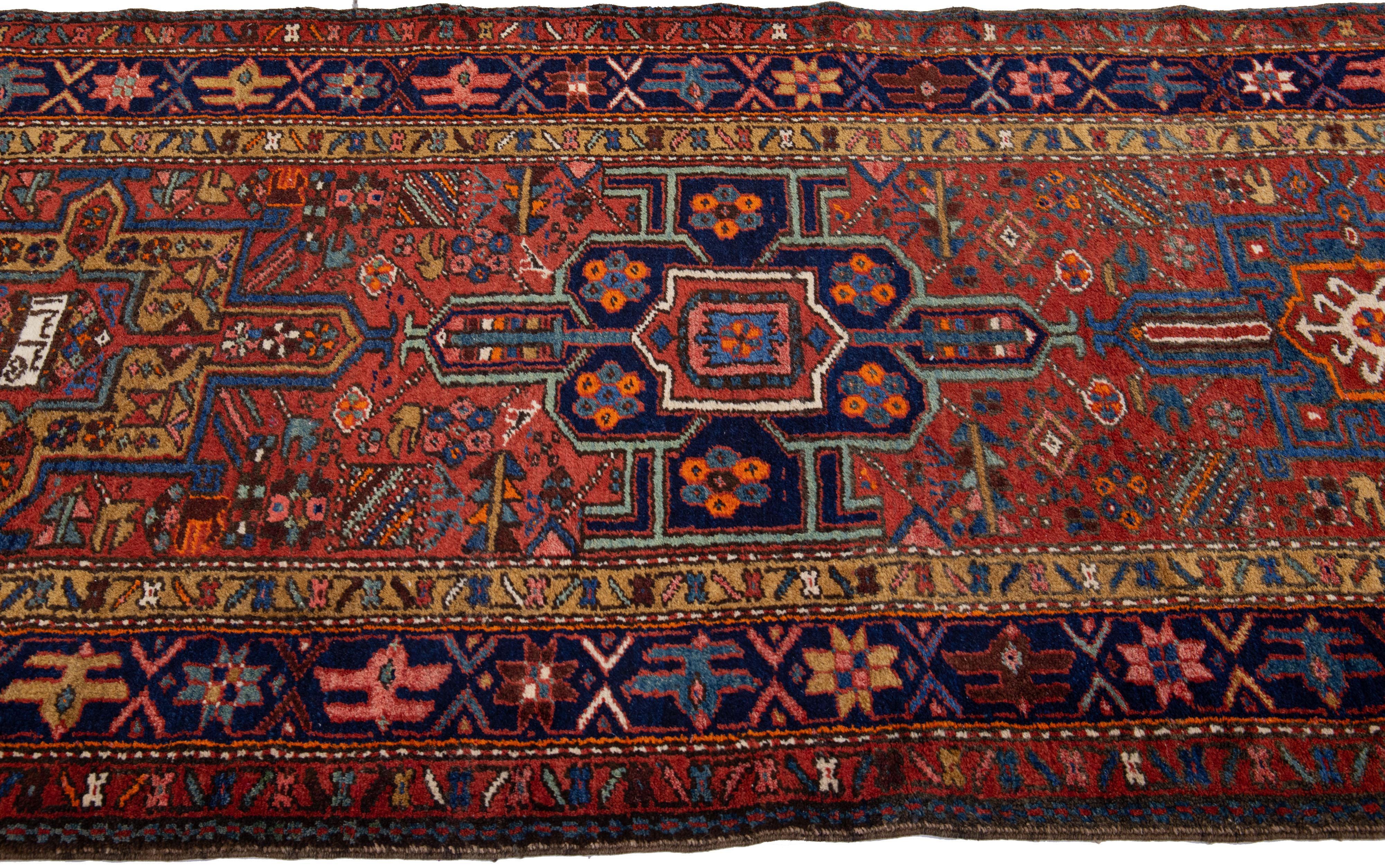 Heriz Serapi Rust Vintage Karajah Handmade Allover Persian Wool Runner For Sale