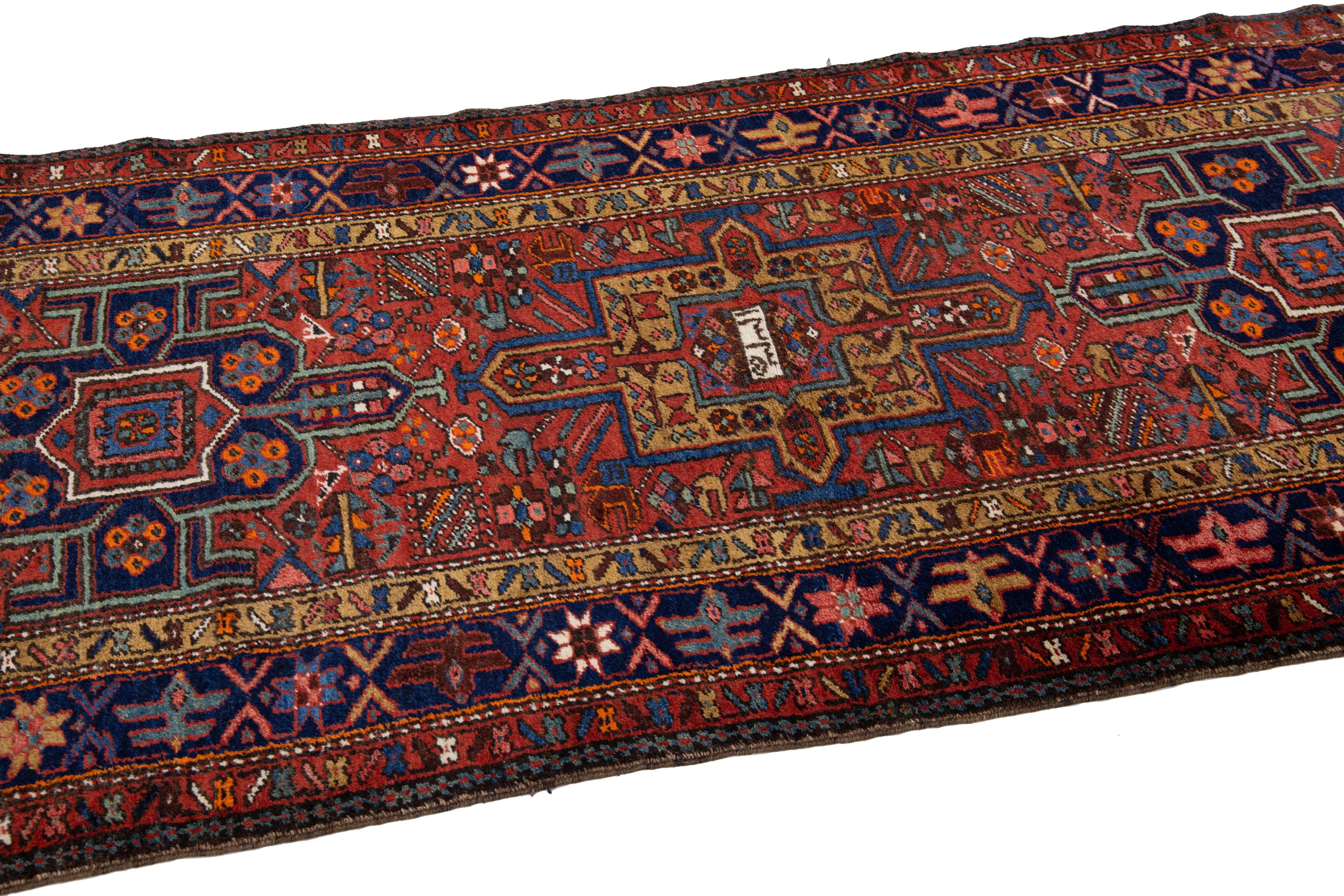 Hand-Knotted Rust Vintage Karajah Handmade Allover Persian Wool Runner For Sale