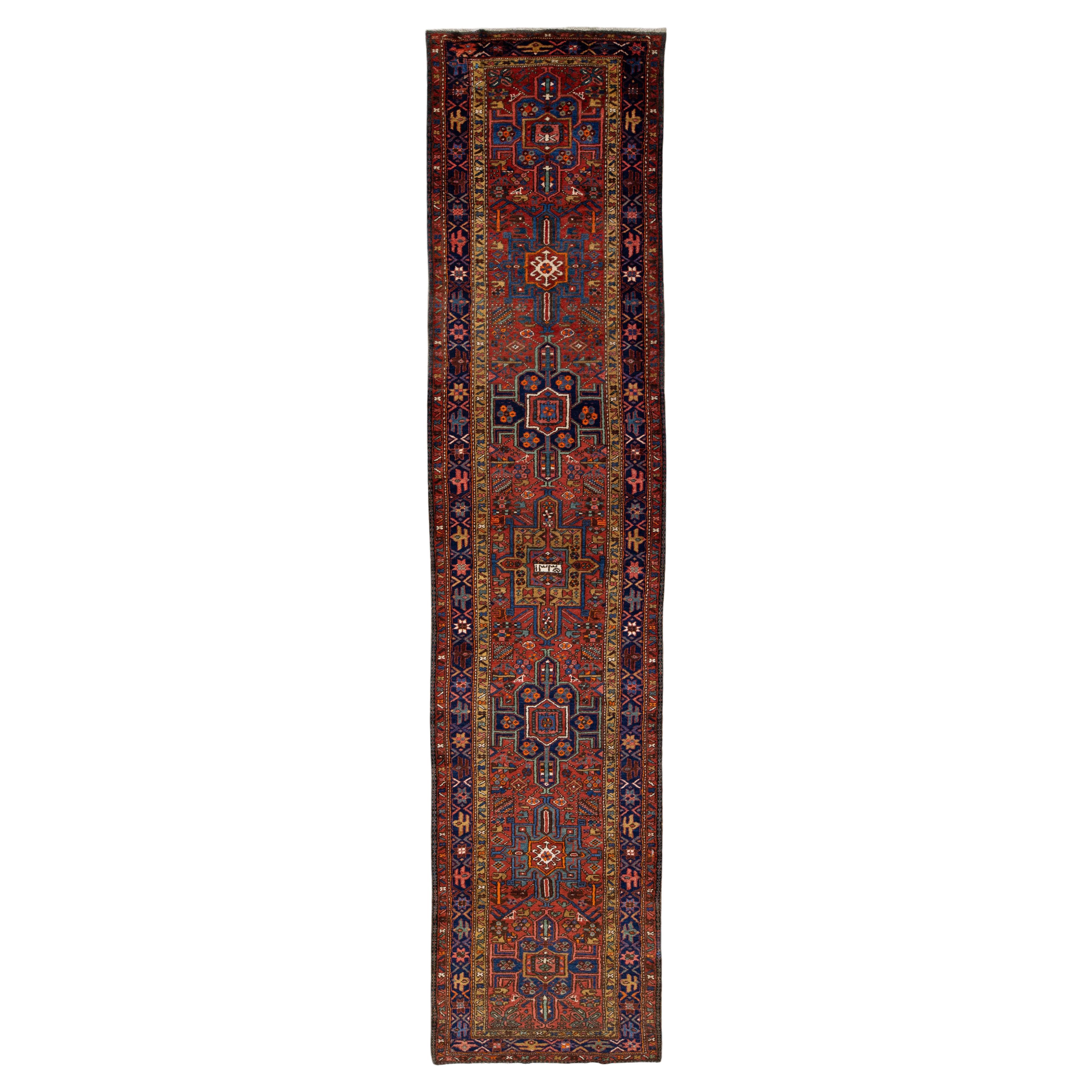 Rust Vintage Karajah Handmade Allover Persian Wool Runner For Sale