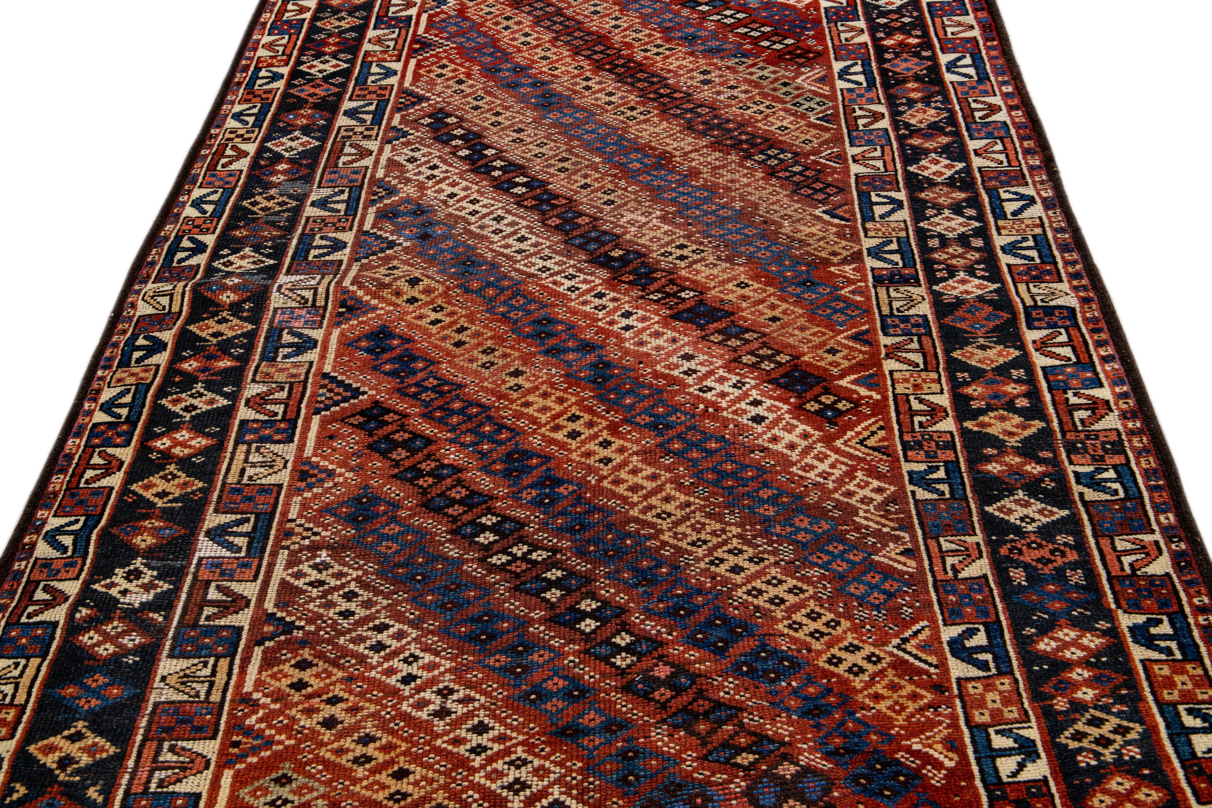 Mid-Century Modern Rust Vintage Kurd Handmade Geometric Designed Wool Runner For Sale