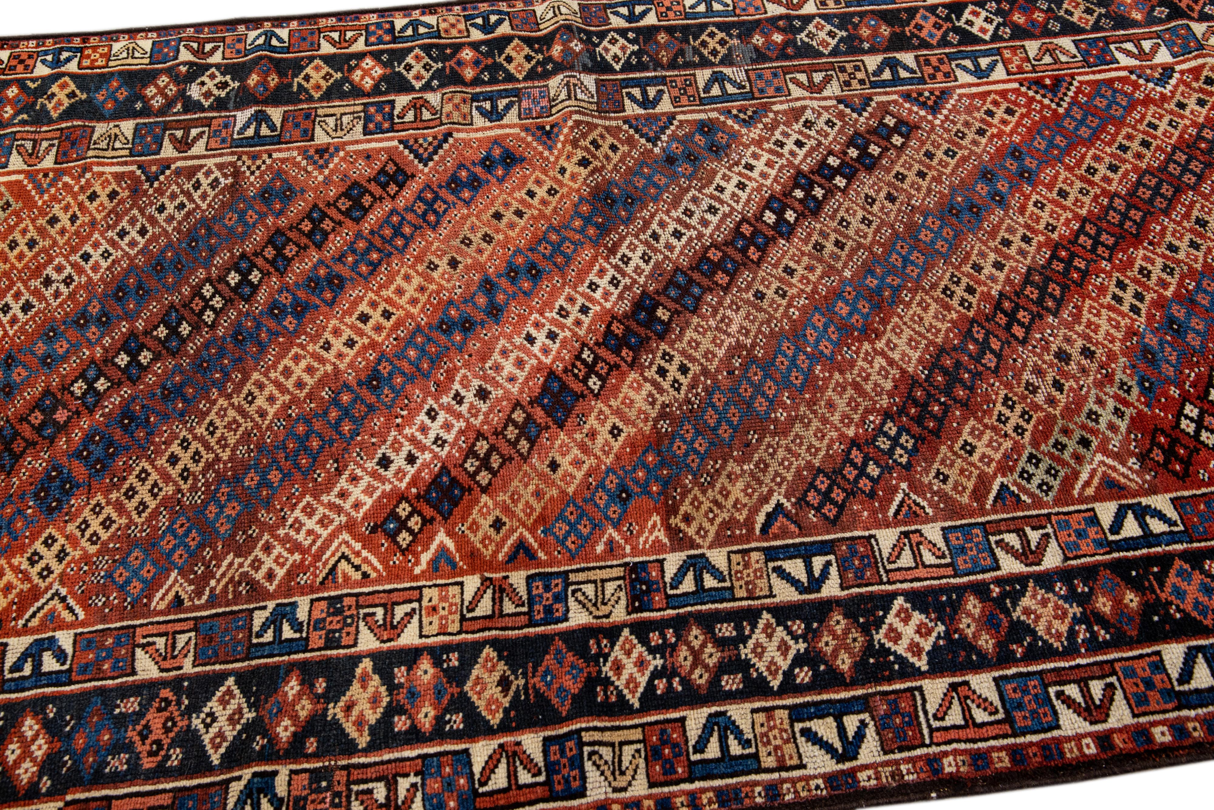 20th Century Rust Vintage Kurd Handmade Geometric Designed Wool Runner For Sale