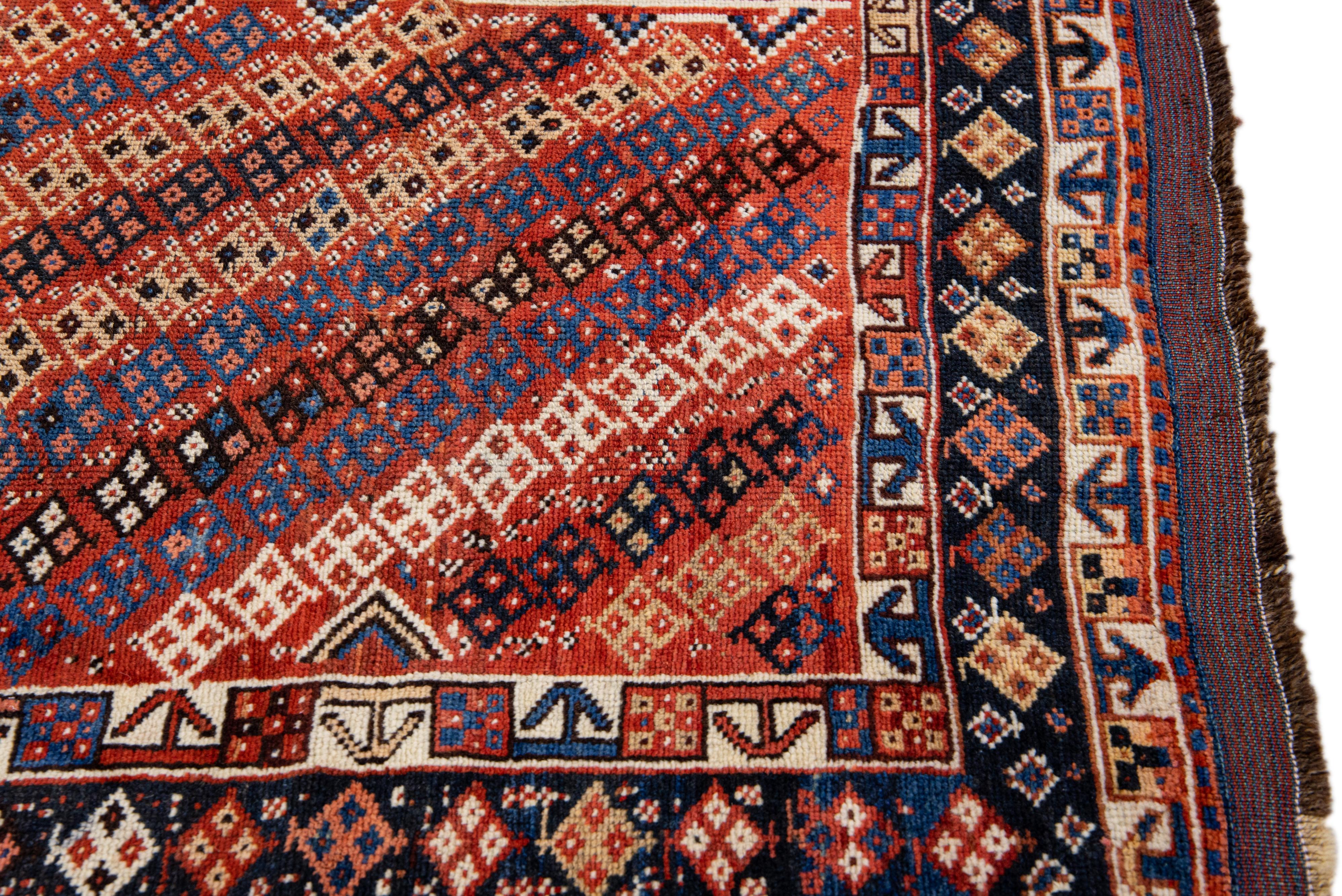 Rust Vintage Kurd Handmade Geometric Designed Wool Runner For Sale 1