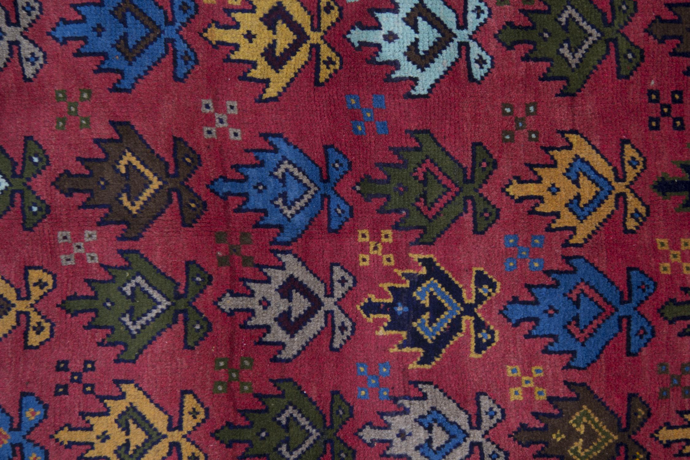Azerbaijani Rust Vintage Rug Caucasian Handmade Rug, Red Geometric Carpet For Sale