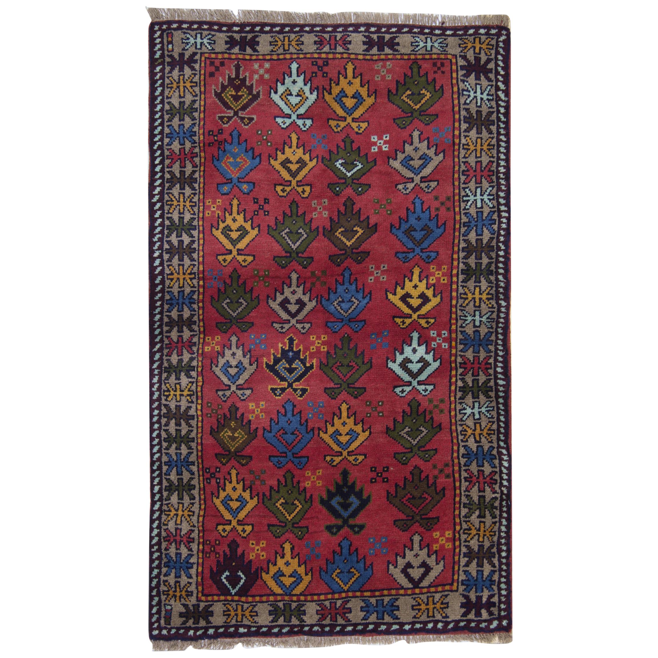 Rust Vintage Rug Caucasian Handmade Rug, Red Geometric Carpet For Sale