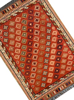 Geometrischer Kelim-Teppich aus rostroter Wolle, handgewebter orientalischer Flachgewebe-Teppich