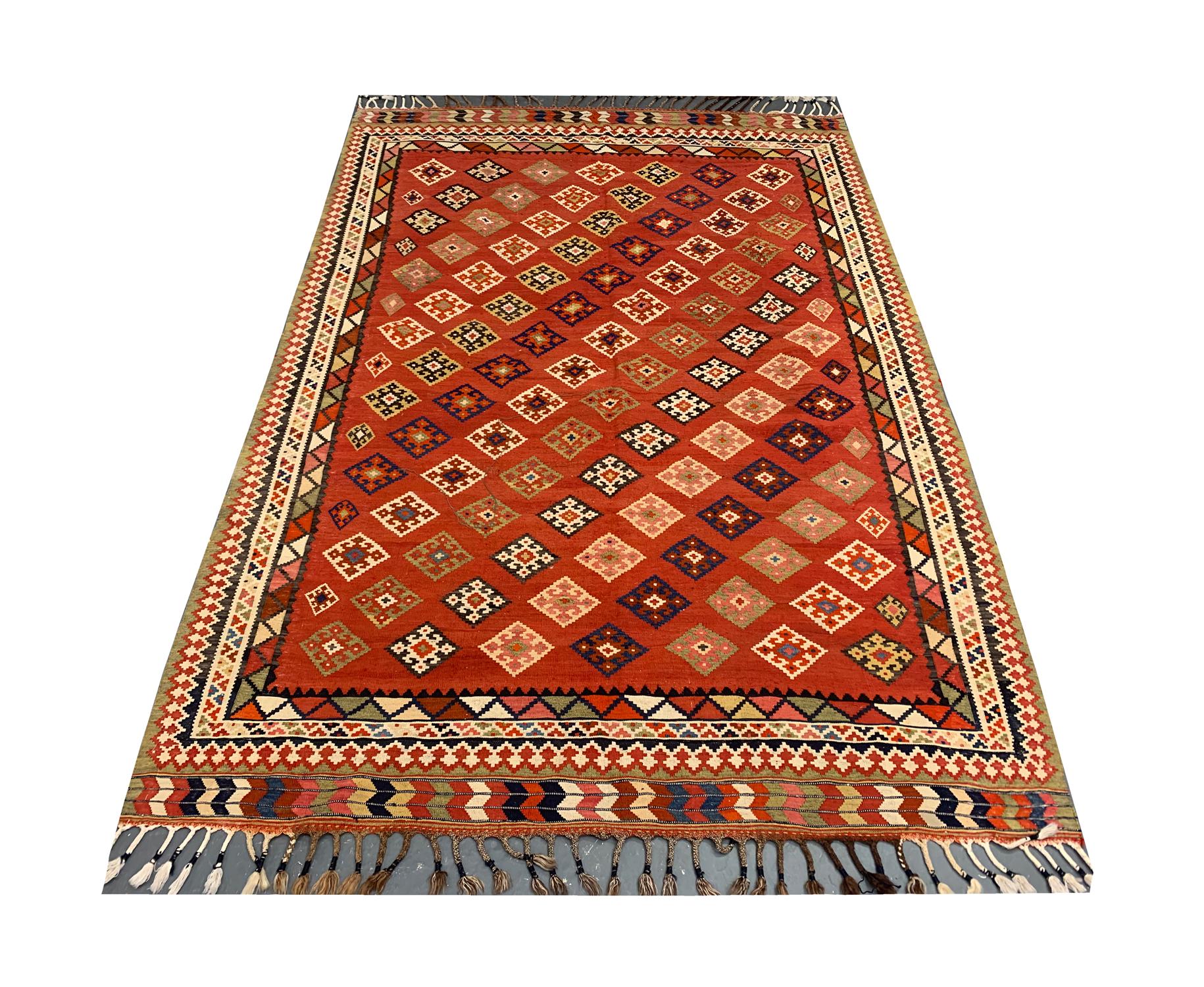 Mid-Century Modern Rust Wool Geometric Kilim Rug, Handmade Oriental Flat-Woven Carpet For Sale