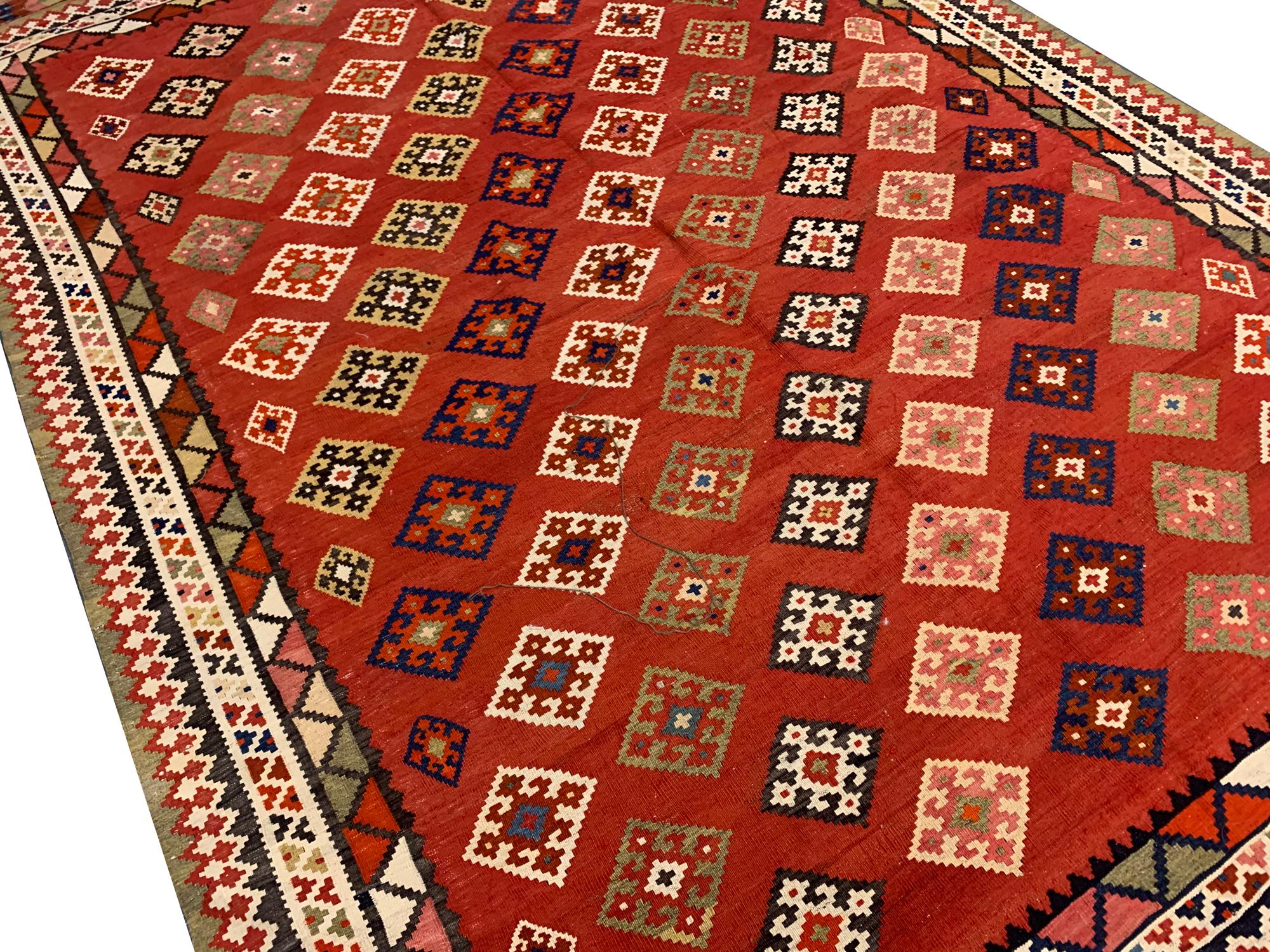 Azerbaijani Rust Wool Geometric Kilim Rug, Handmade Oriental Flat-Woven Carpet For Sale